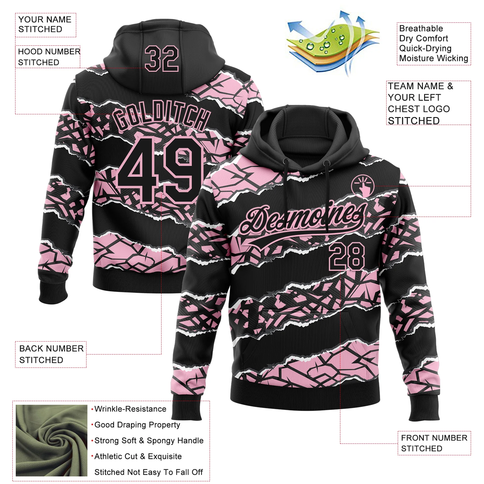 Custom Stitched Black Light Pink-White 3D Pattern Design Torn Paper Style Sports Pullover Sweatshirt Hoodie