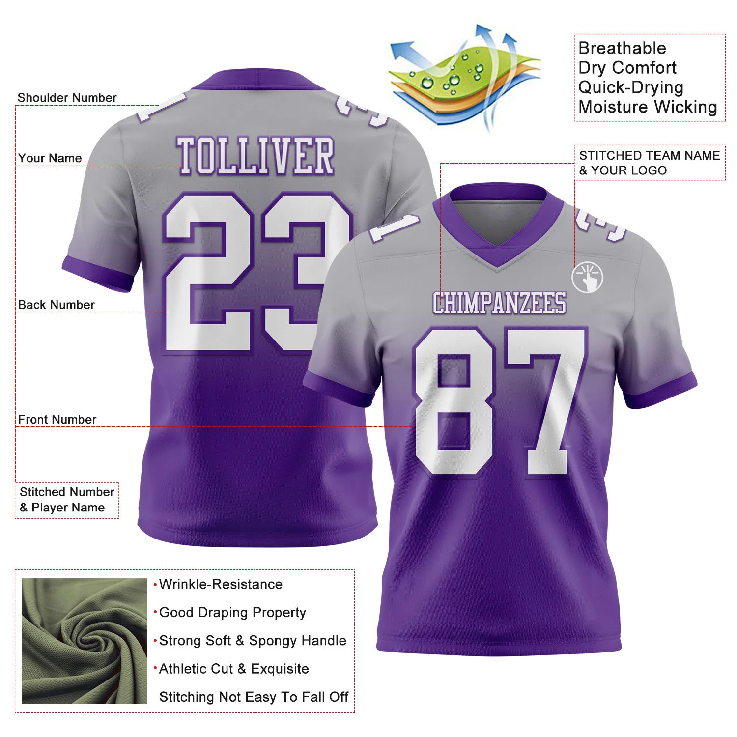 Custom Gray White-Purple Authentic Fade Fashion Football Jersey