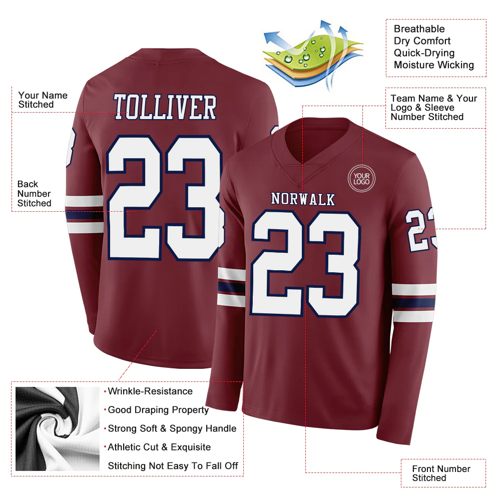 Custom Burgundy White-Navy Long Sleeve Authentic Football Jersey