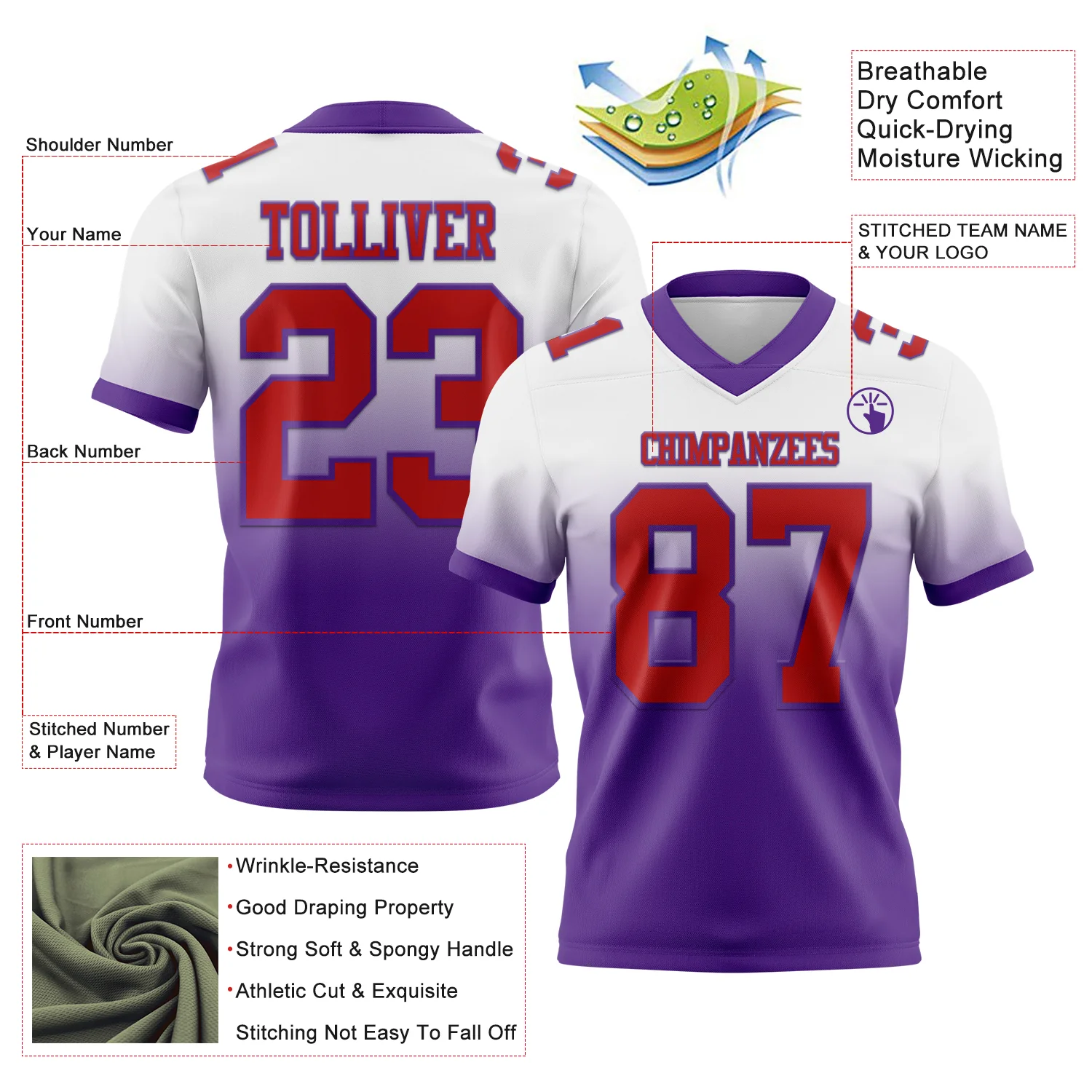 Custom White Red-Purple Authentic Fade Fashion Football Jersey