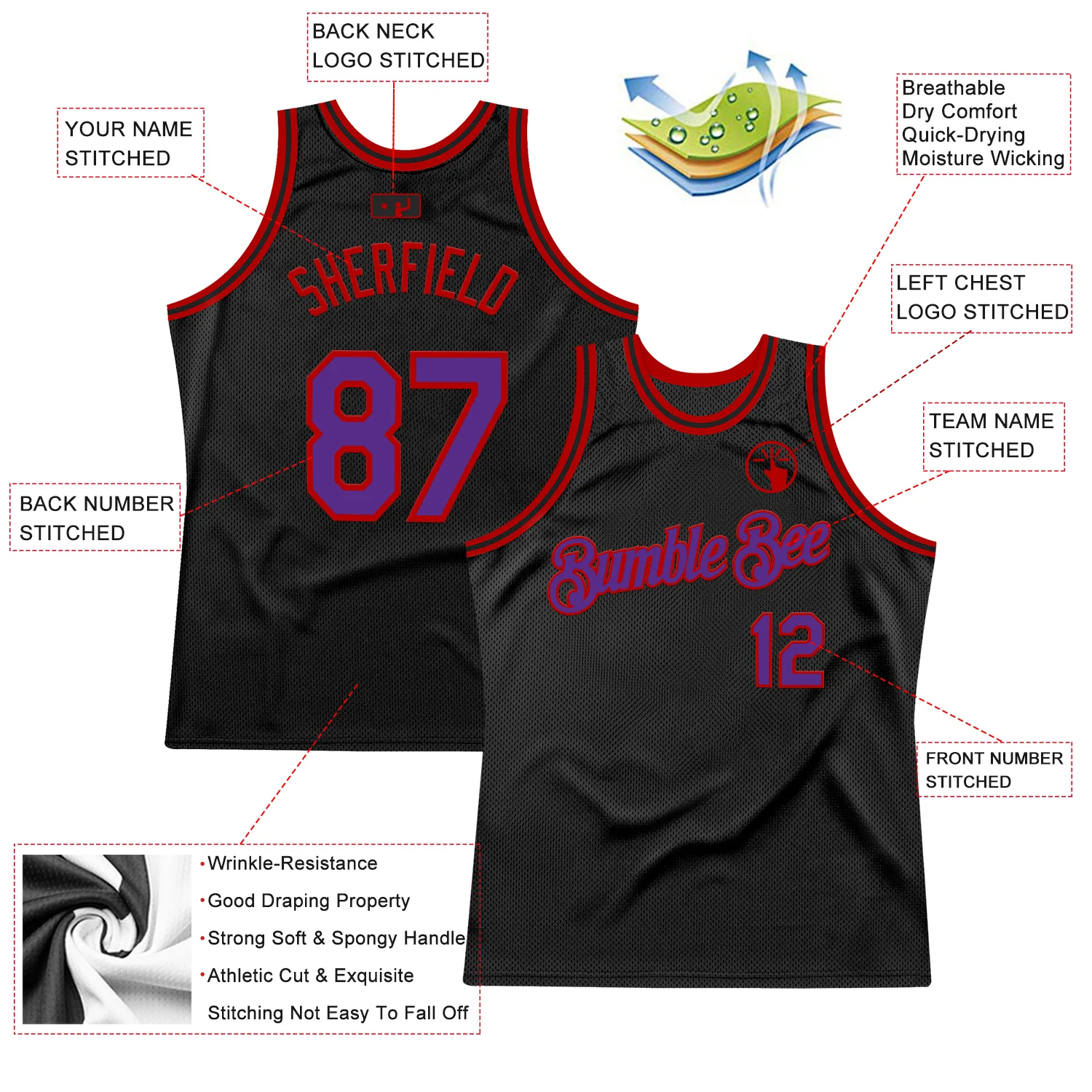 Custom Black Purple-Red Authentic Throwback Basketball Jersey