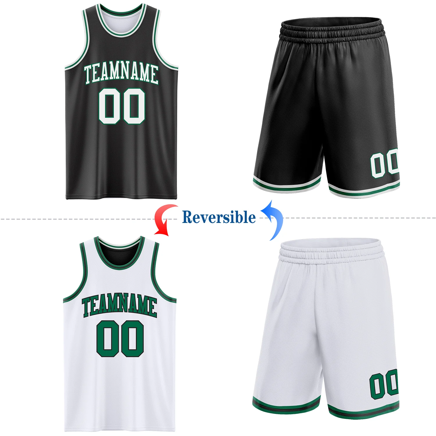 Custom Reversible Black White-Kelly Green Double Side Sublimation Basketball Suit Jersey