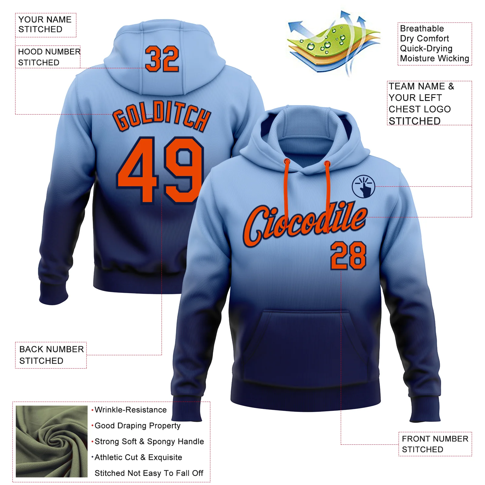 Custom Stitched Light Blue Orange-Navy Fade Fashion Sports Pullover Sweatshirt Hoodie