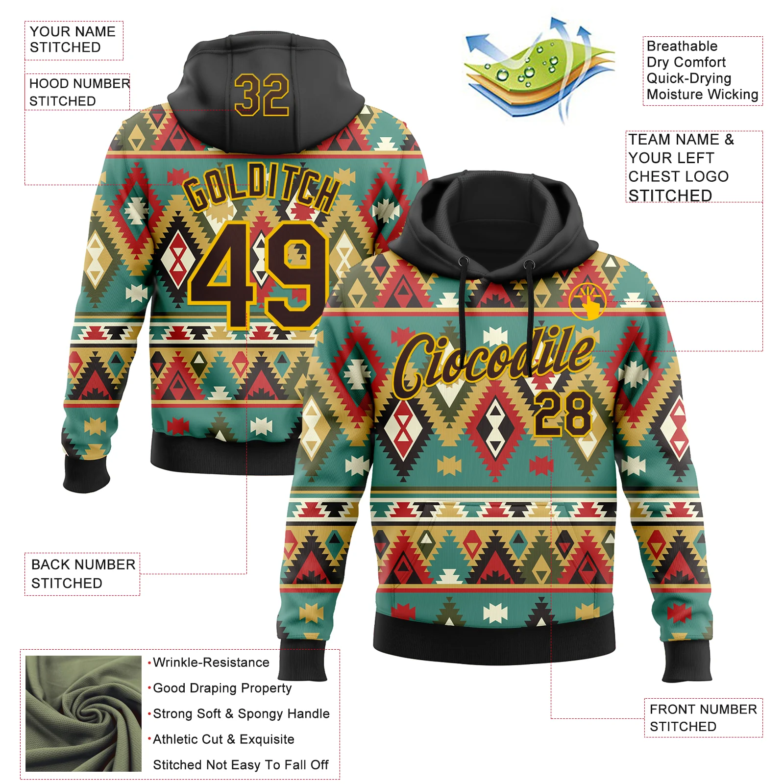 Custom Stitched Black Brown-Yellow 3D Pattern Design Tribal Ethnic Native American Sports Pullover Sweatshirt Hoodie