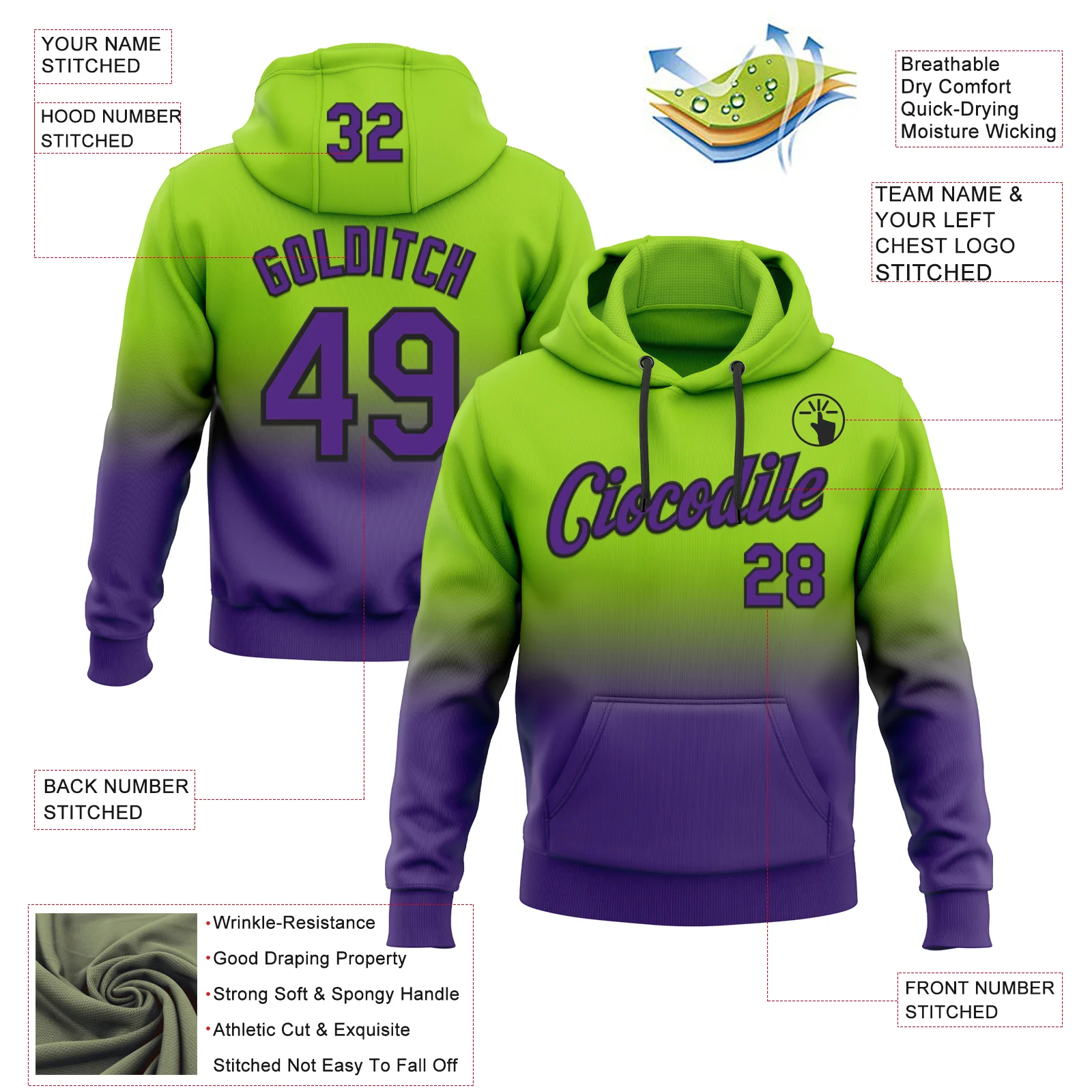 Custom Stitched Neon Green Purple-Black Fade Fashion Sports Pullover Sweatshirt Hoodie