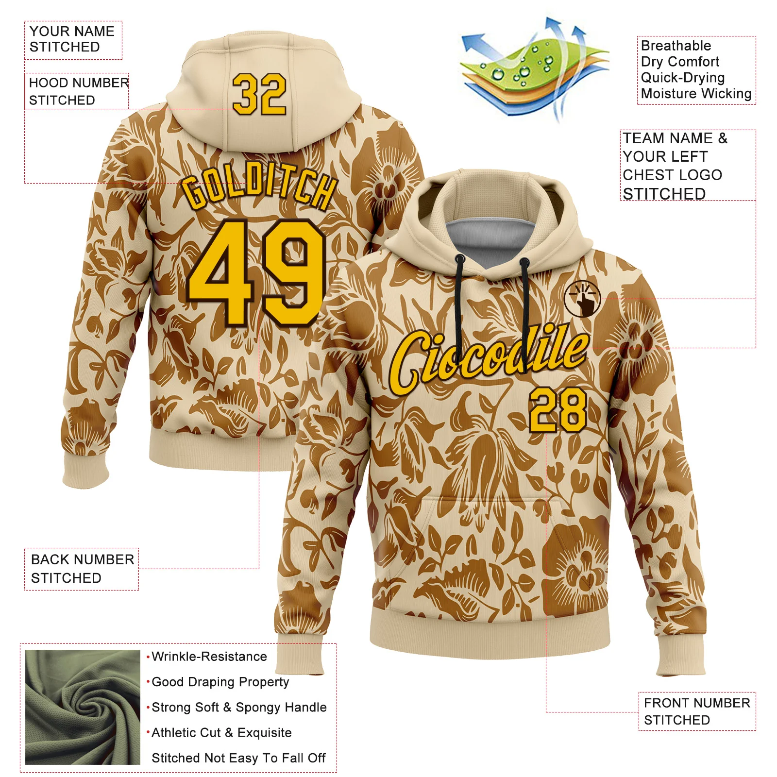 Custom Stitched City Cream Yellow-Brown 3D Pattern Design Golden Subtle Floral Sports Pullover Sweatshirt Hoodie