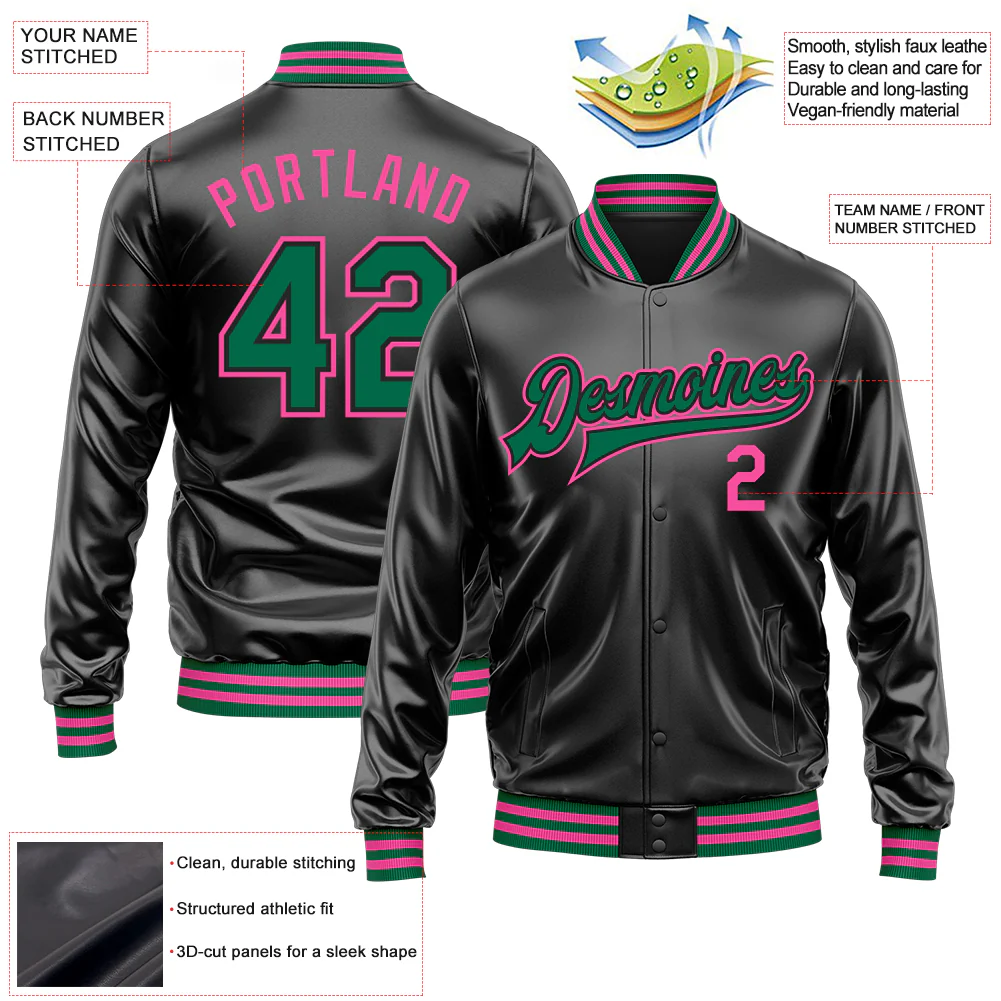 Custom Black Kelly Green-Pink Bomber Full-Snap Varsity Faux Leather Letterman Jacket