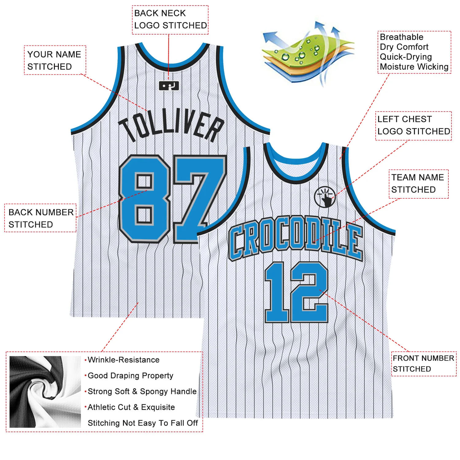 Custom White Black Pinstripe Blue-Gray Authentic Basketball Jersey