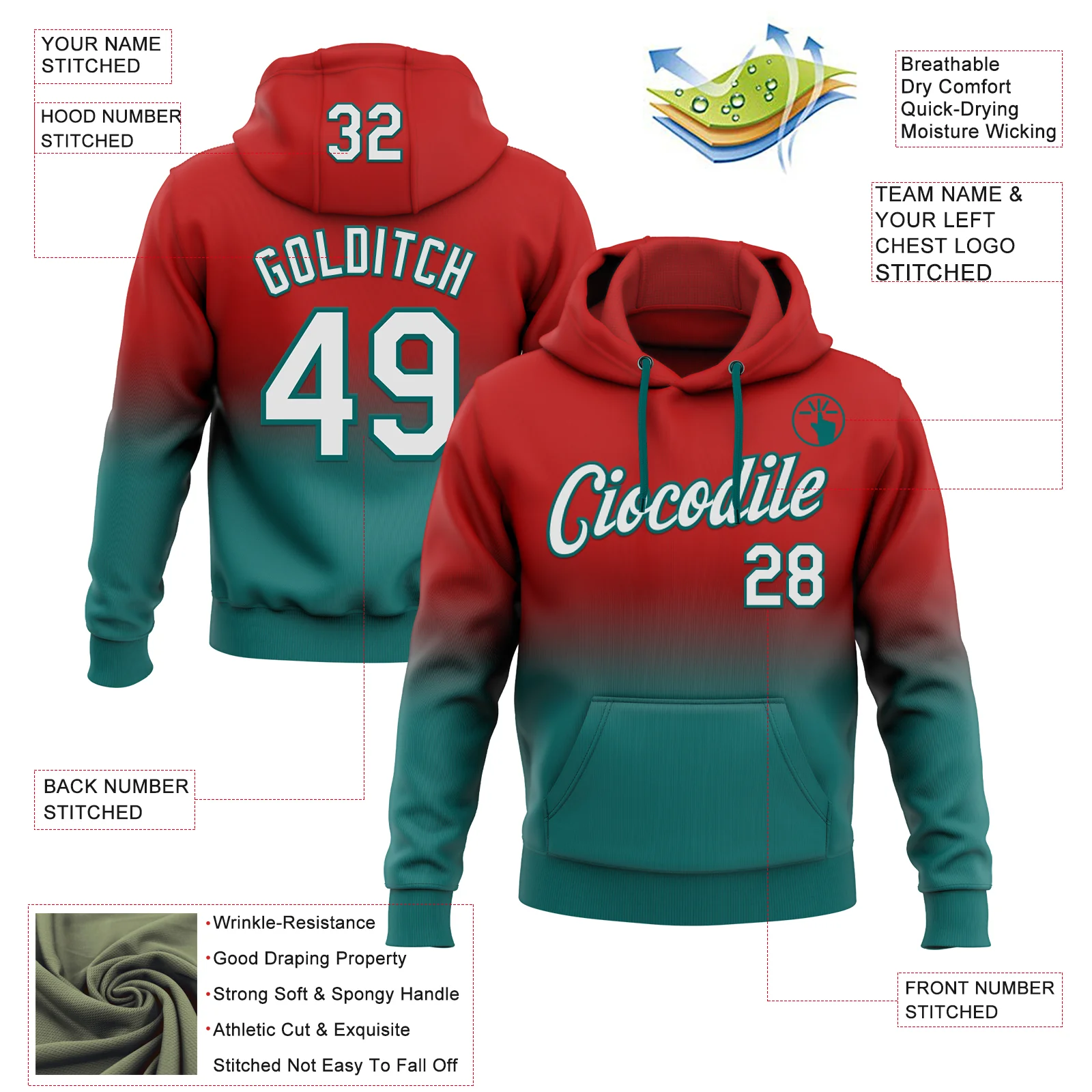 Custom Stitched Red White-Teal Fade Fashion Sports Pullover Sweatshirt Hoodie
