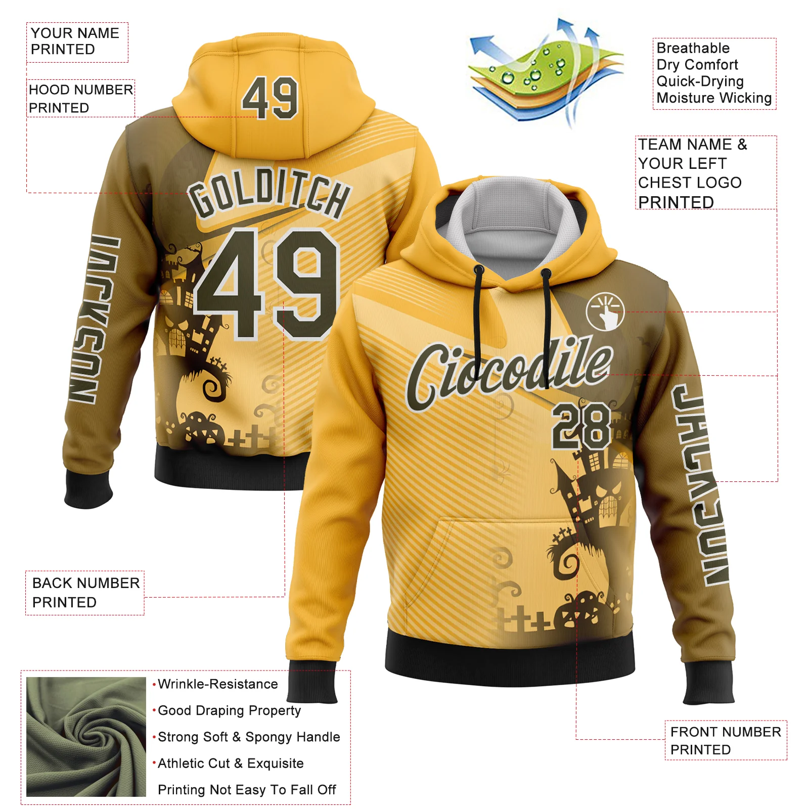 Custom Yellow Olive-White 3D Halloween Spooky Sportswear Sports Pullover Sweatshirt Hoodie