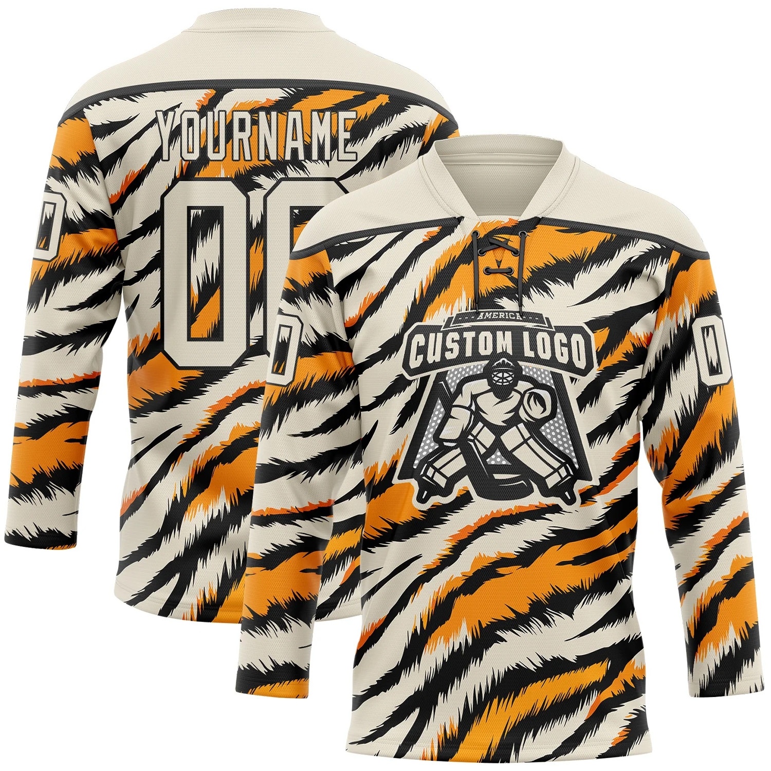 Custom Cream Orange-Black 3D Pattern Tiger Stripes Print Hockey Lace Neck Jersey