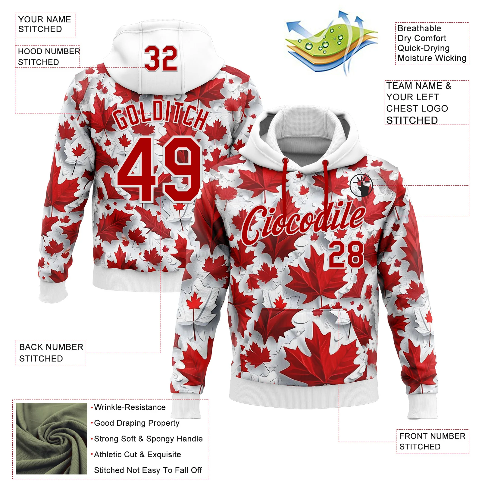 Custom Stitched White Red 3D Pattern Design Canada Maple Sportswear Pullover Sweatshirt Hoodie