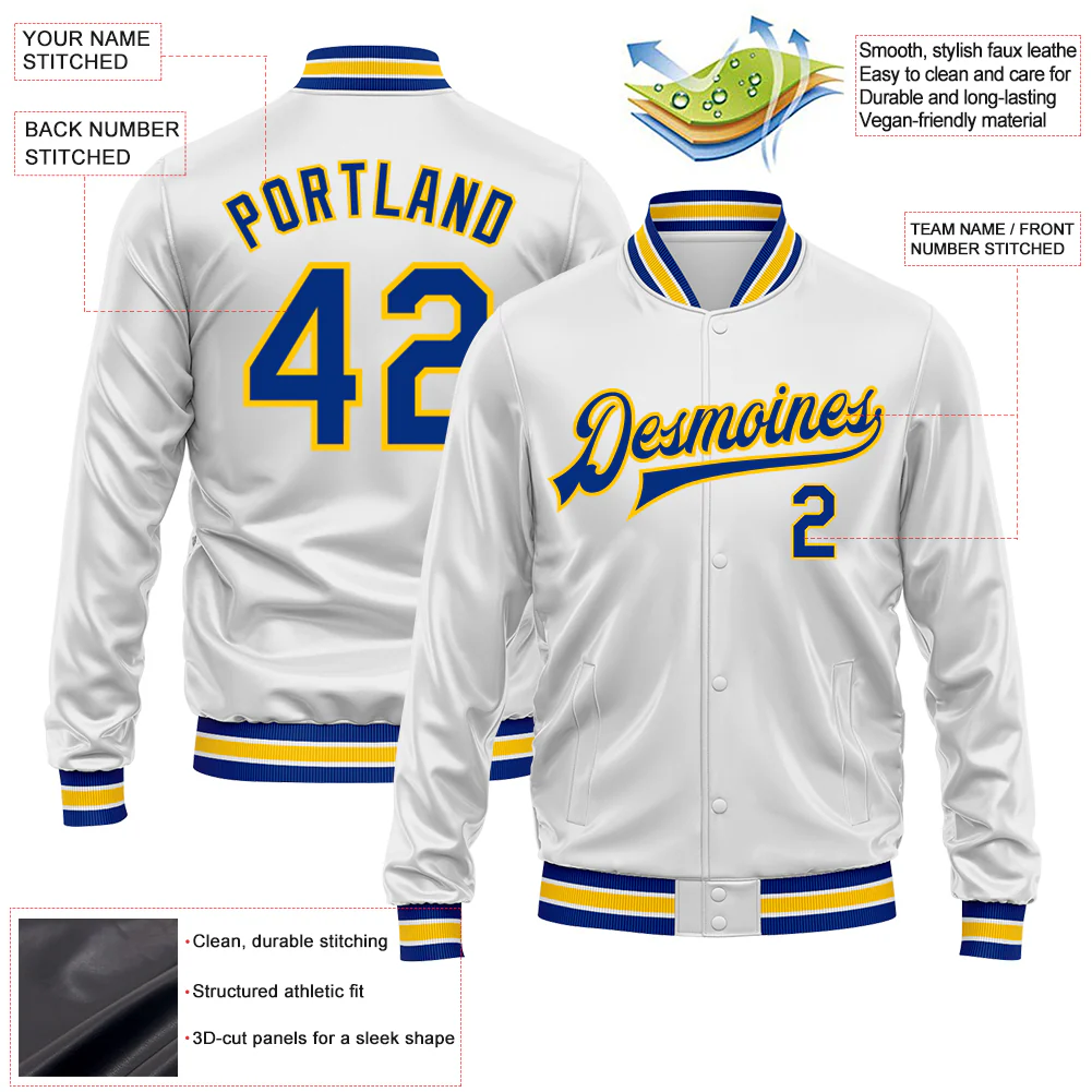 Custom White Royal-Yellow Bomber Full-Snap Varsity Faux Leather Letterman Jacket