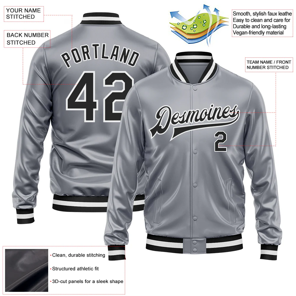 Custom Gray Black-White Bomber Full-Snap Varsity Faux Leather Letterman Jacket