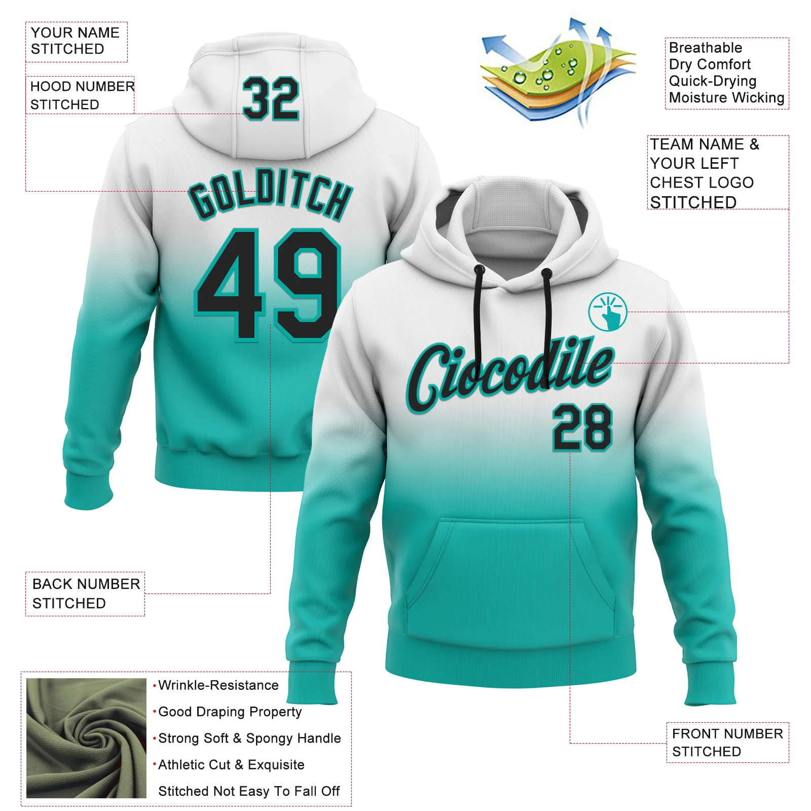 Custom Stitched White Black-Aqua Fade Fashion Sports Pullover Sweatshirt Hoodie