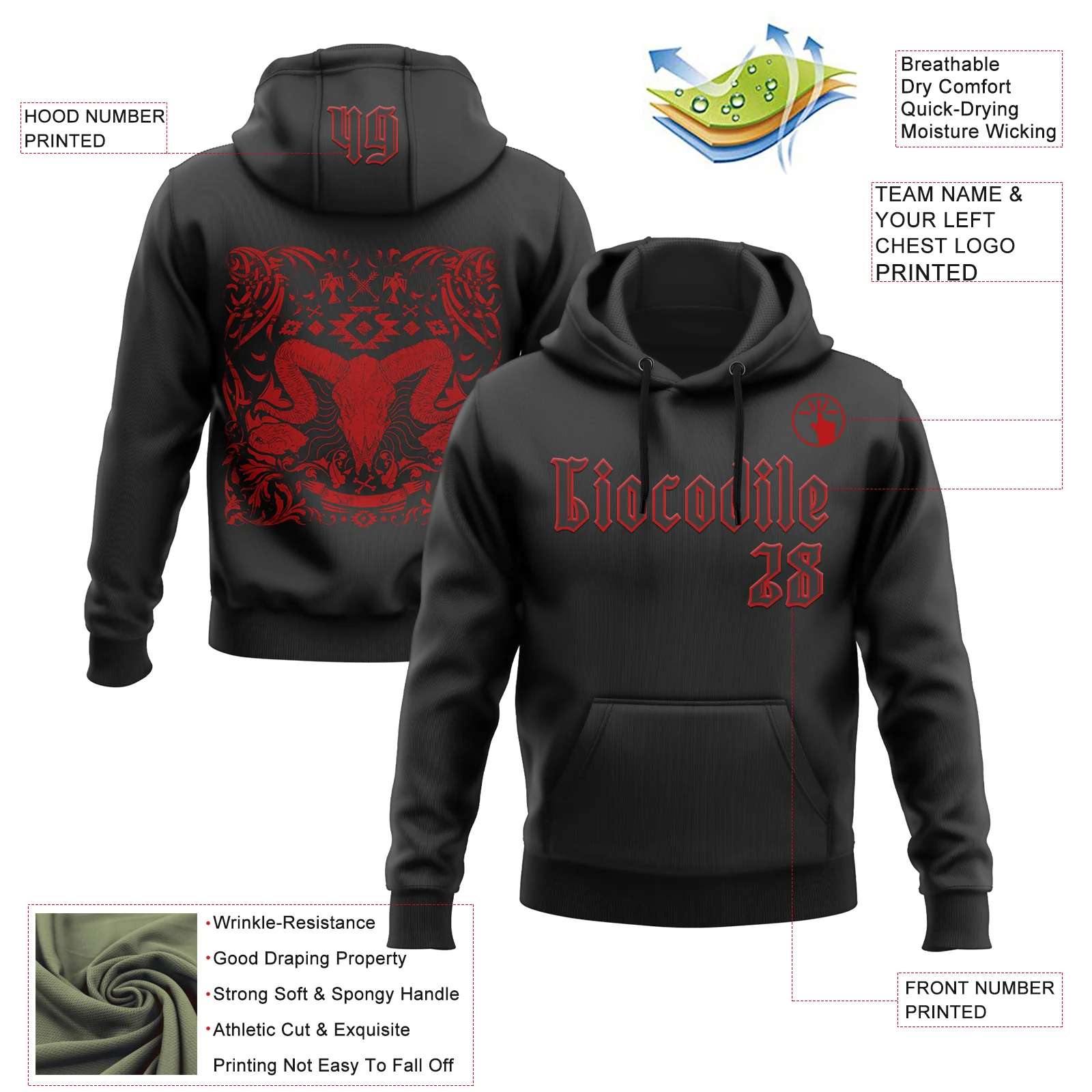 Custom Black Red 3D Skull Vintage Triba Gothic Sports Pullover Sweatshirt Hoodie