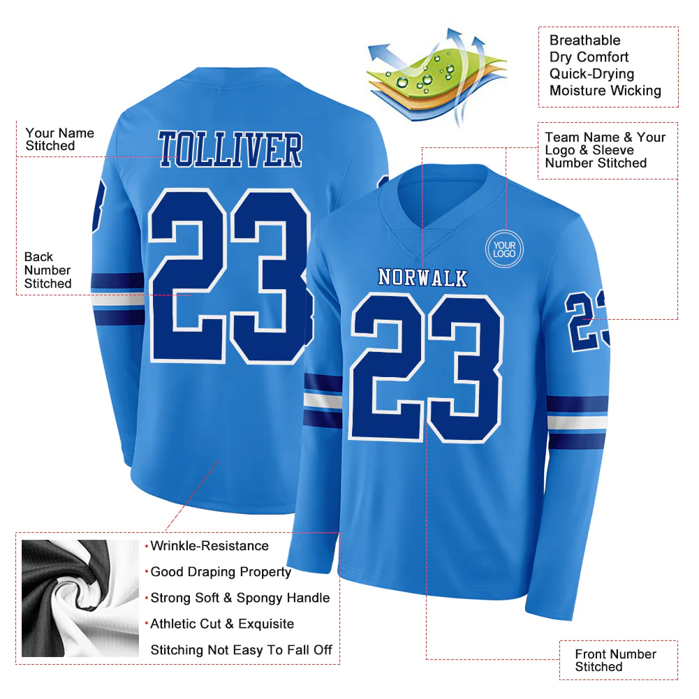 Custom Powder Blue Royal-White Long Sleeve Authentic Football Jersey