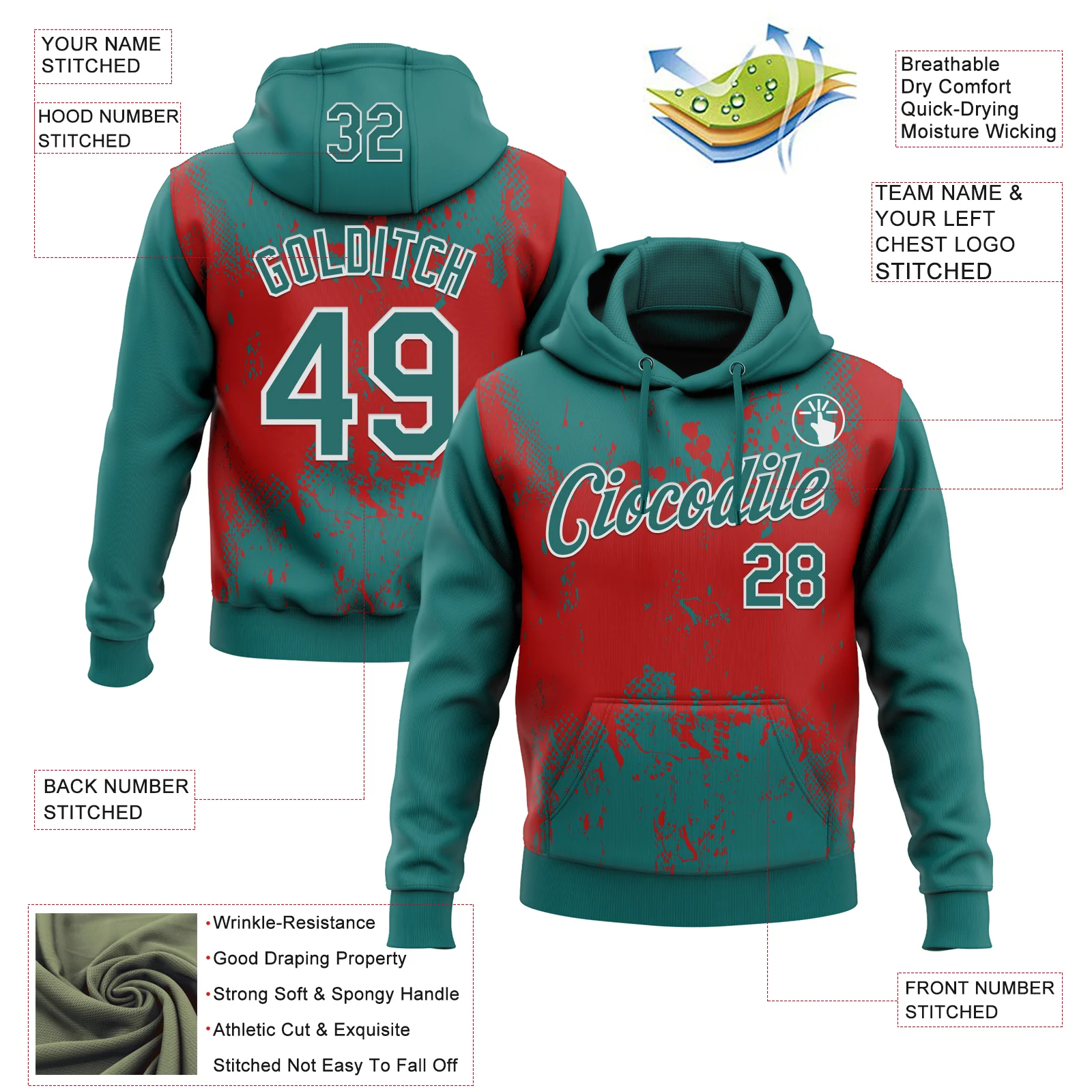 Custom Stitched Teal Red-White 3D Pattern Design Abstract Splatter Grunge Art Sports Pullover Sweatshirt Hoodie