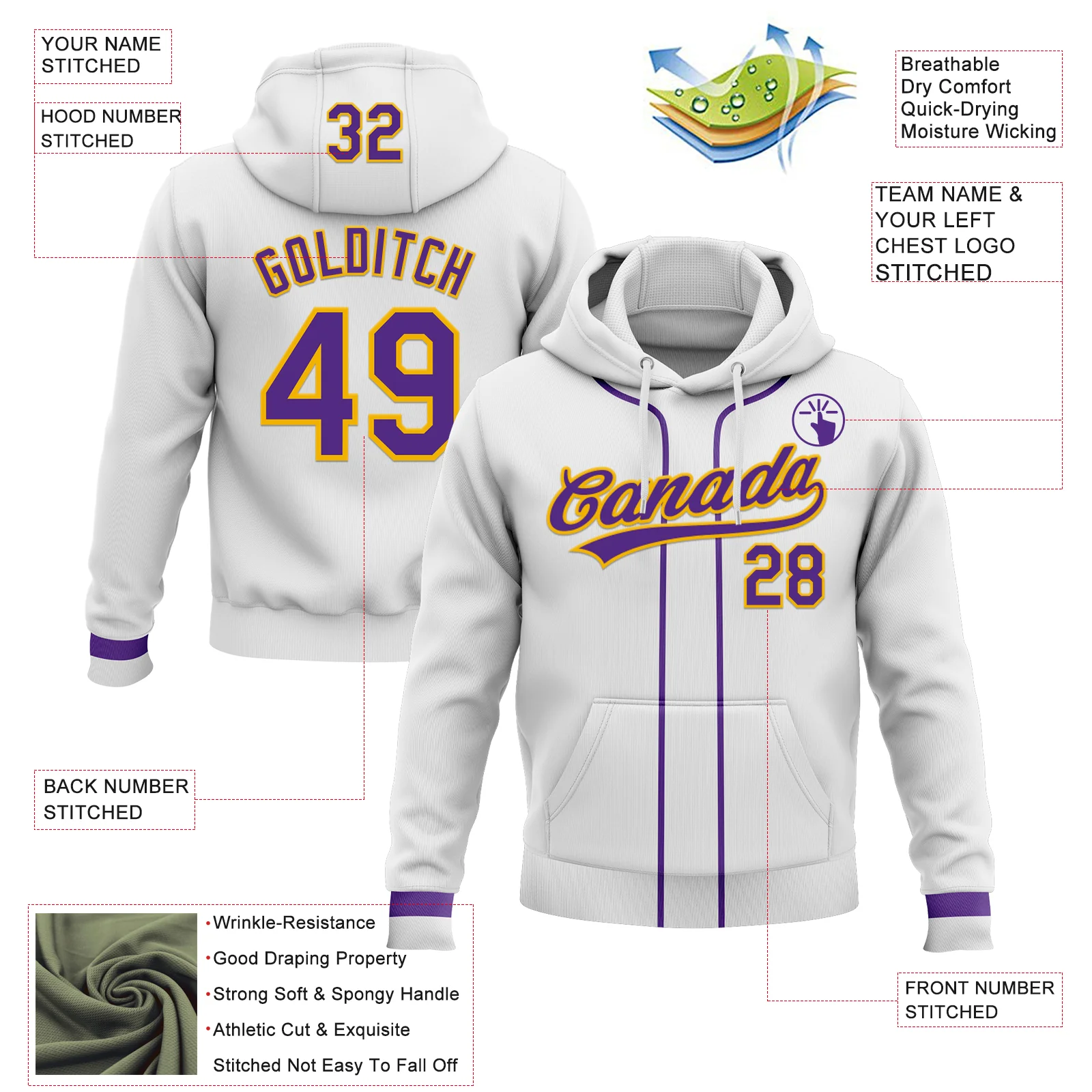 Custom Stitched White Purple-Gold Baseball Pullover Sweatshirt Hoodie