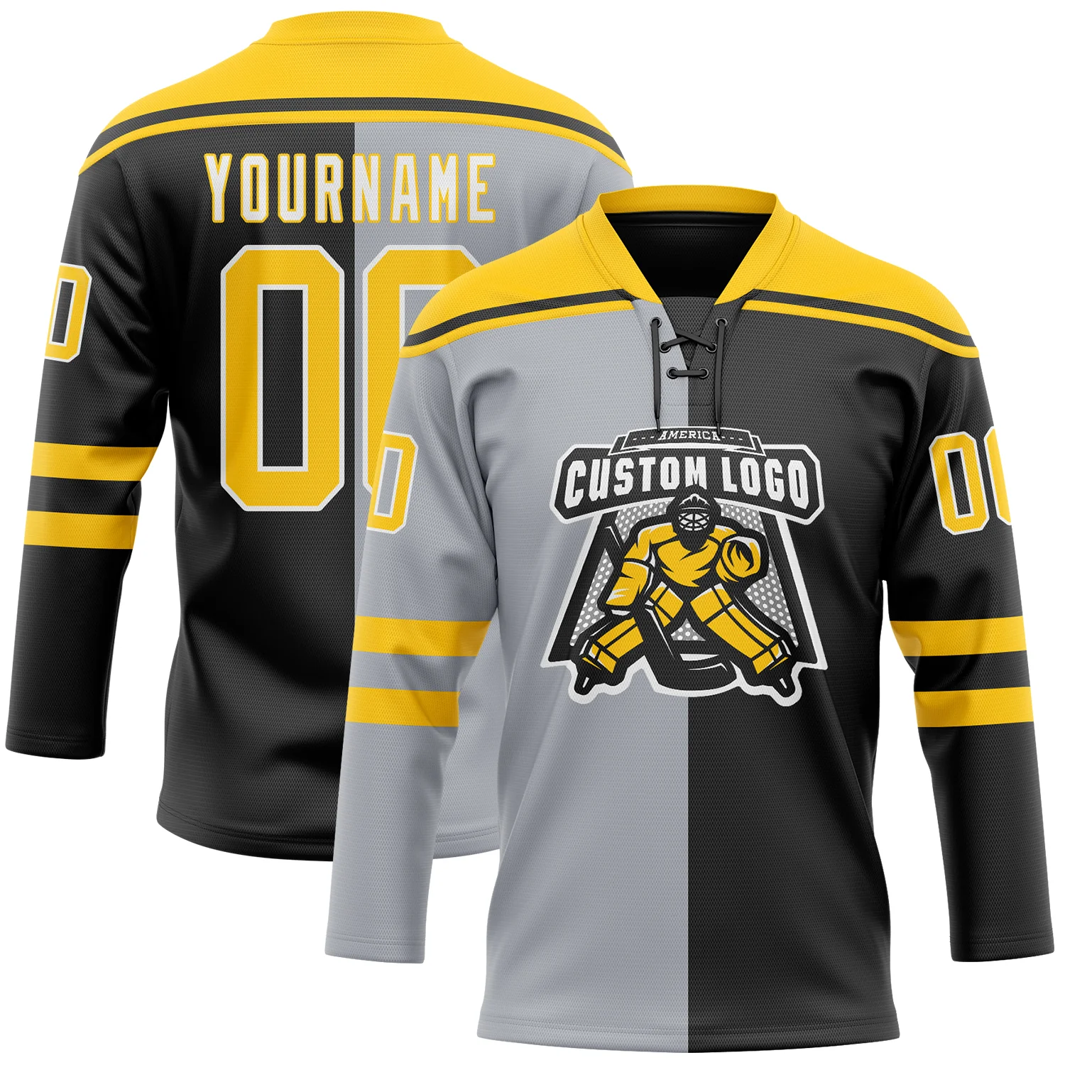 Custom Black Yellow Gray-White Split Fashion Hockey Lace Neck Jersey