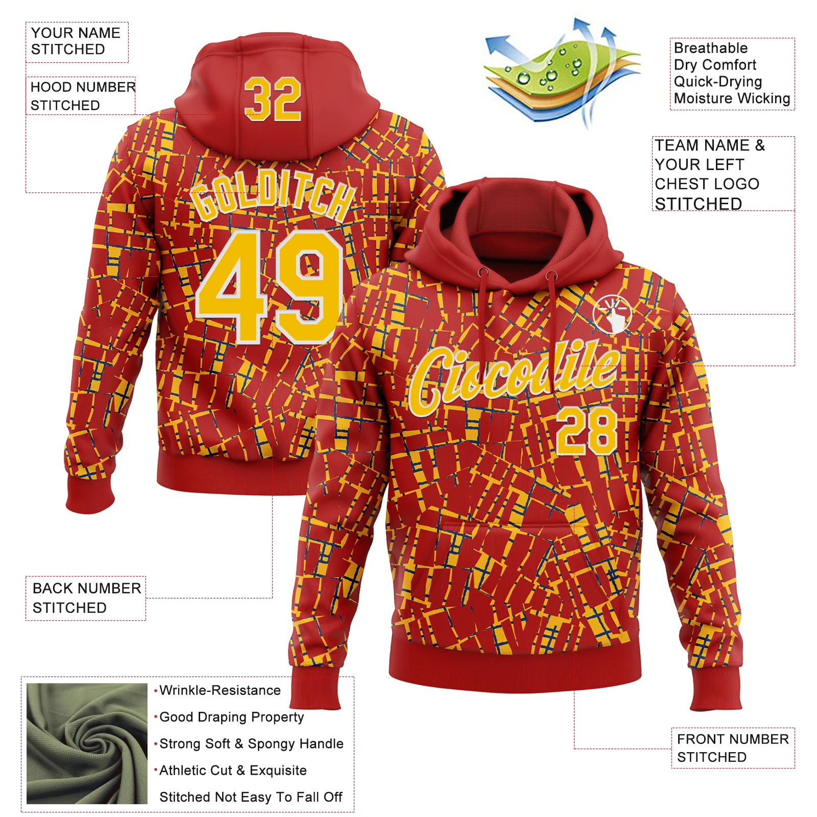 Custom Stitched Red Gold-White 3D Pattern Design Line Sports Pullover Sweatshirt Hoodie