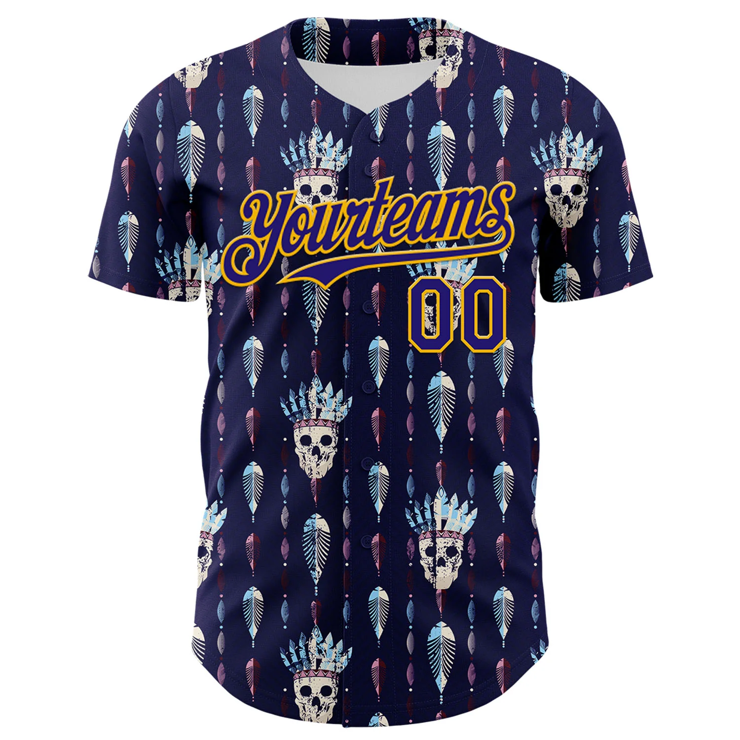 Custom Blue Dark Purple-Gold 3D Apache Skull Authentic Baseball Jersey