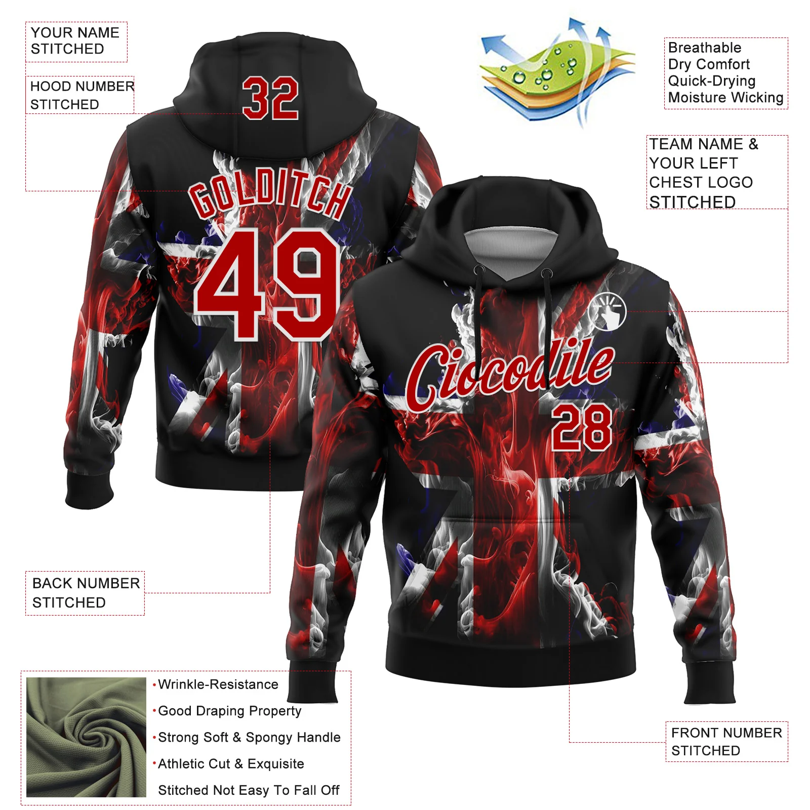 Custom Stitched Black Red-White 3D Pattern Design England Inspired Flame Sportswear Pullover Sweatshirt Hoodie