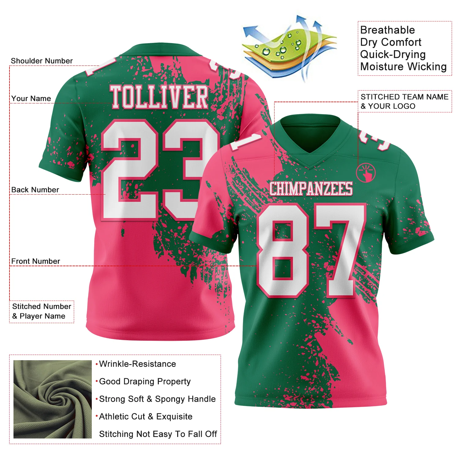 Custom Kelly Green White-Neon Pink 3D Pattern Abstract Brush Stroke Authentic Football Jersey