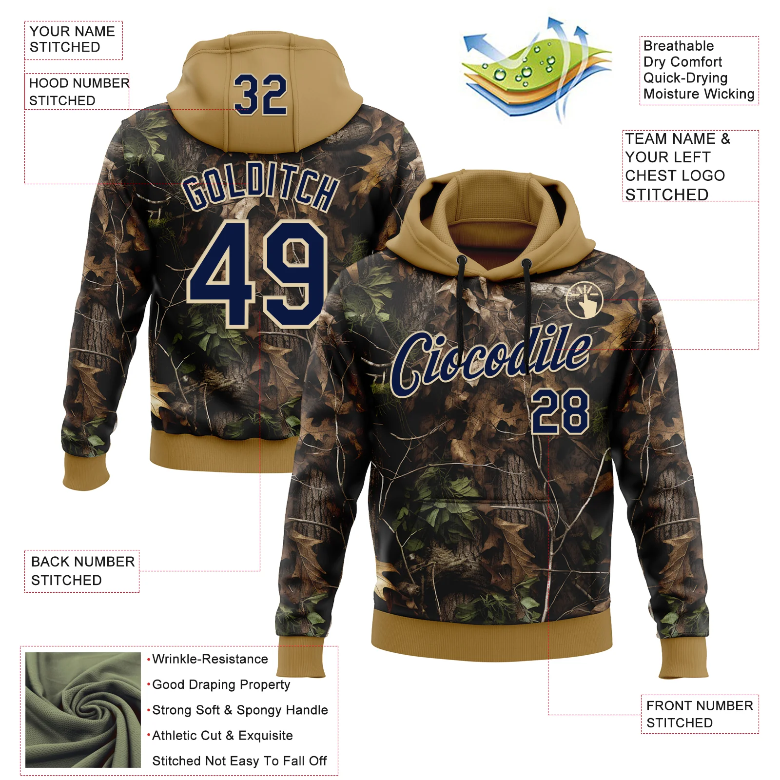 Custom Stitched Black Navy Old Gold-Cream 3D Pattern Design Tree Camo Hunting Sports Pullover Sweatshirt Hoodie