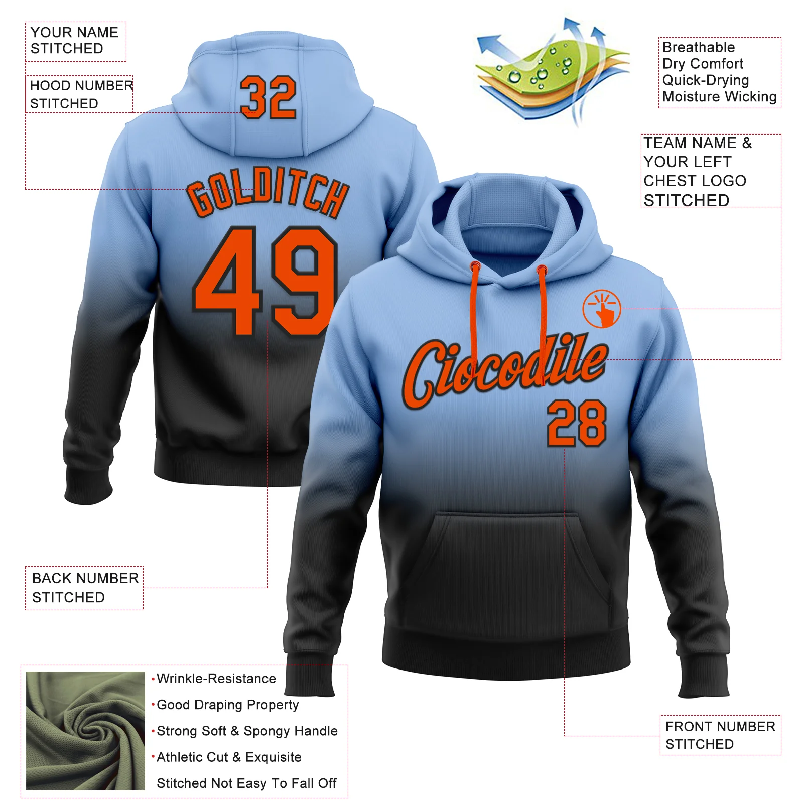 Custom Stitched Light Blue Orange-Black Fade Fashion Sports Pullover Sweatshirt Hoodie