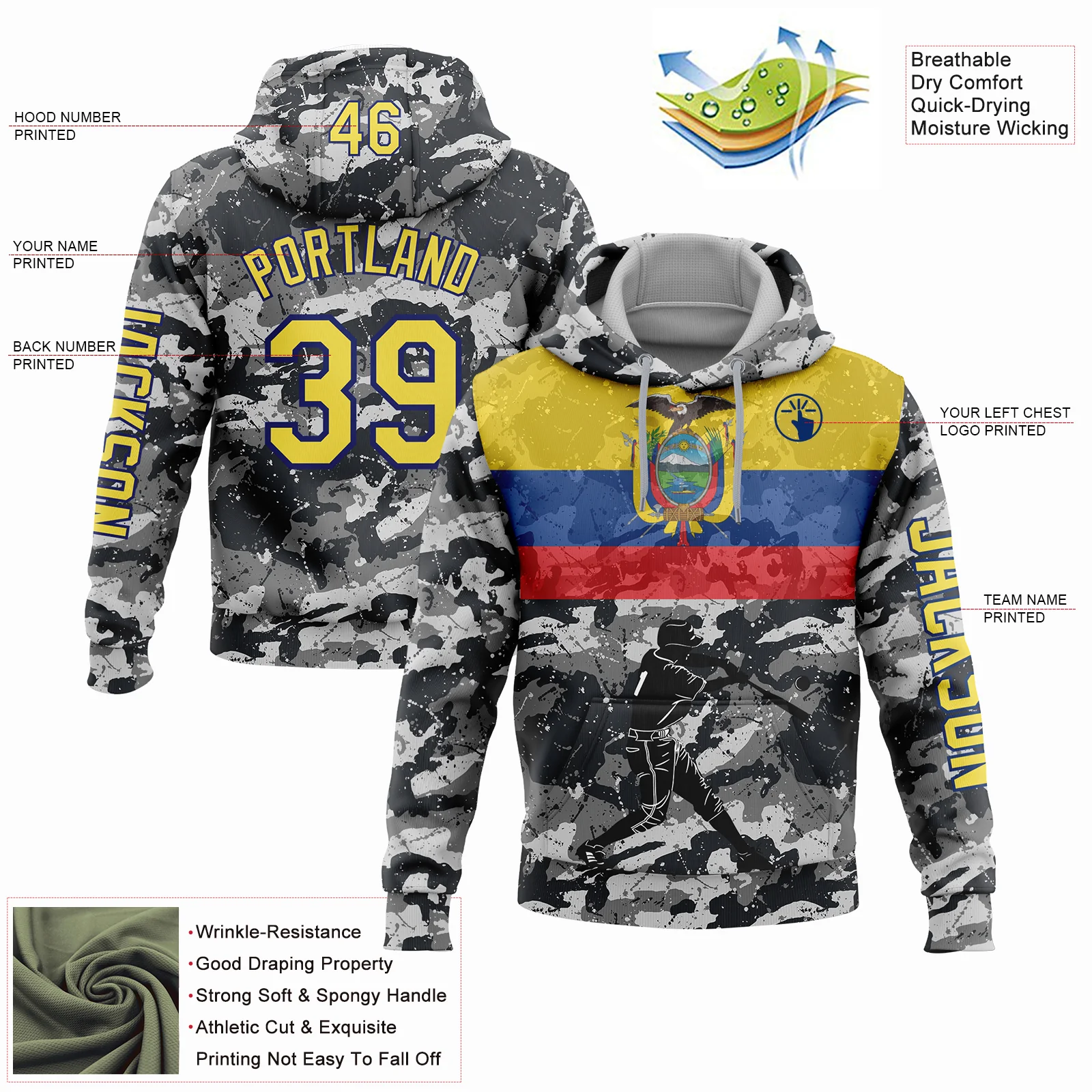 Custom Camo Yellow-Royal 3D Ecuador Ecuadorian Flag Sports Pullover Sweatshirt Salute To Service Hoodie