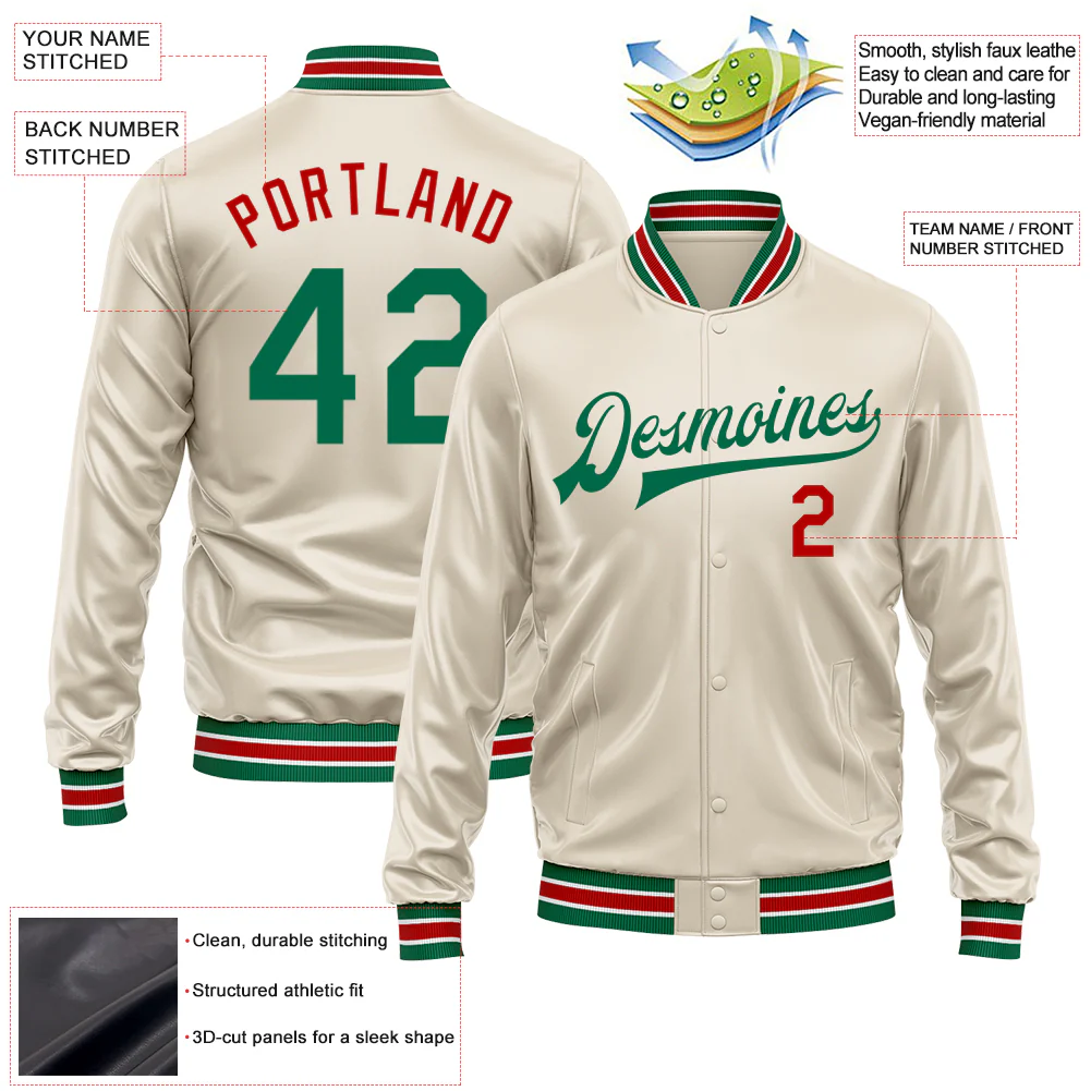 Custom Cream Kelly Green-Red Bomber Full-Snap Varsity Faux Leather Letterman Jacket