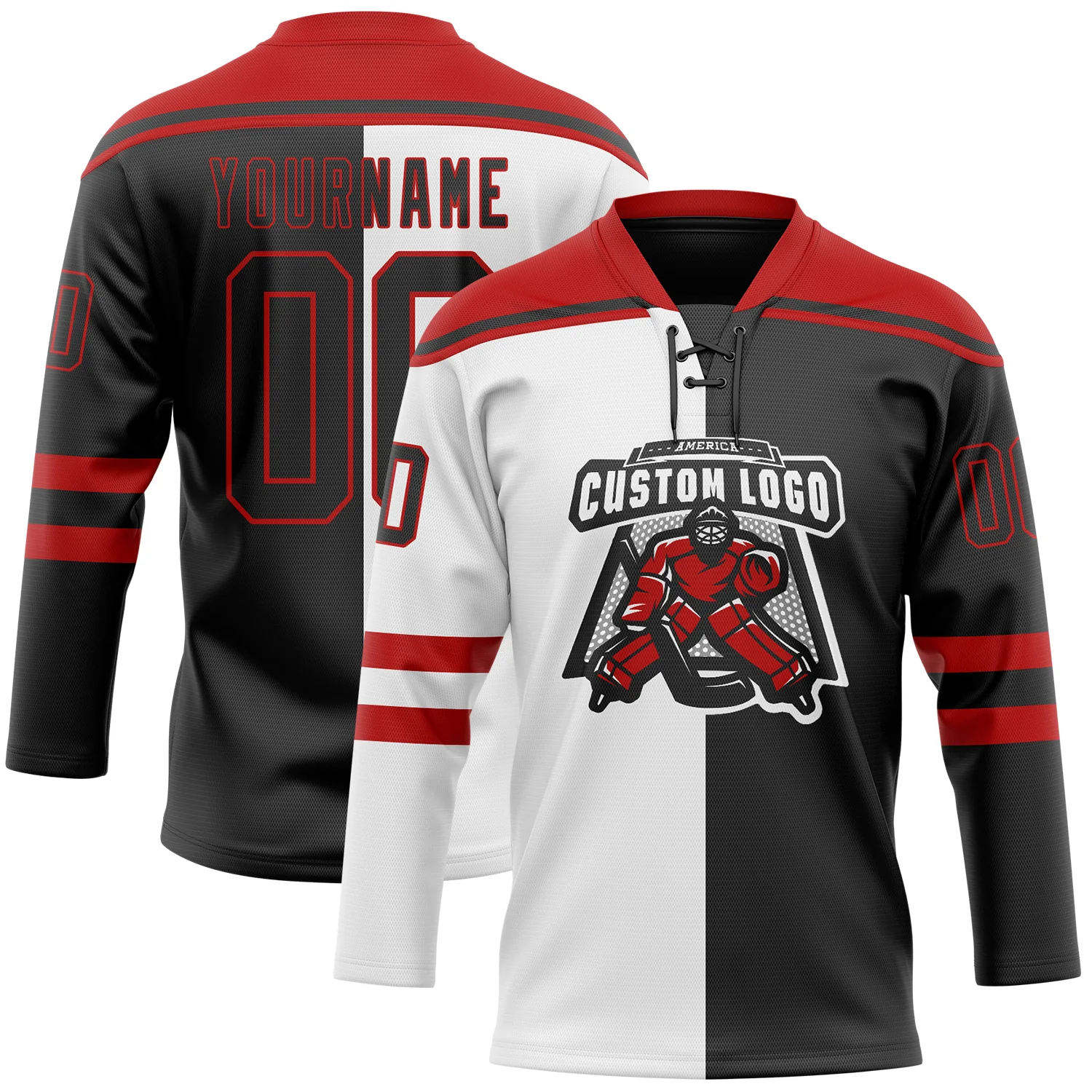 Custom Black Red-White Split Fashion Hockey Lace Neck Jersey