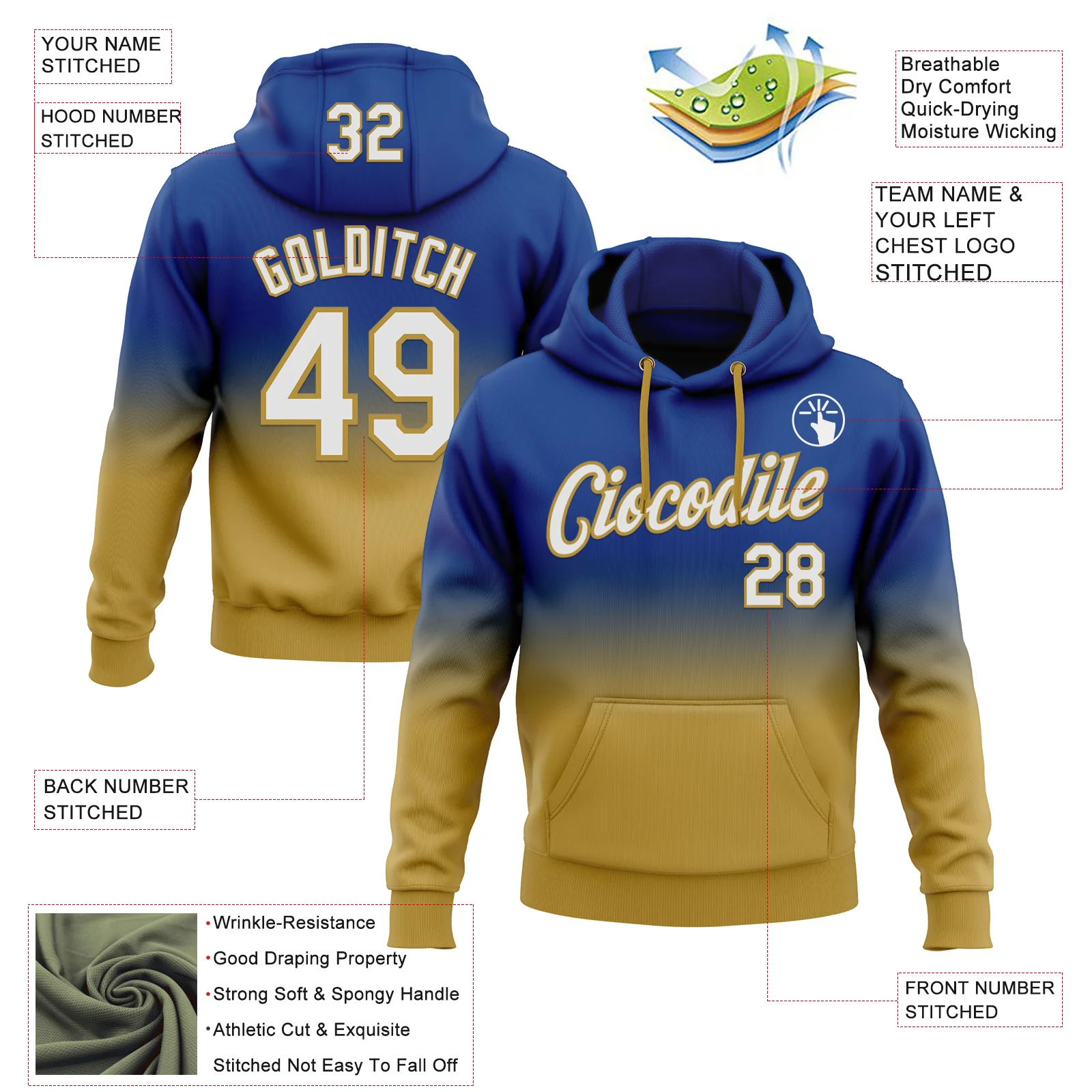 Custom Stitched Royal White-Old Gold Fade Fashion Sports Pullover Sweatshirt Hoodie