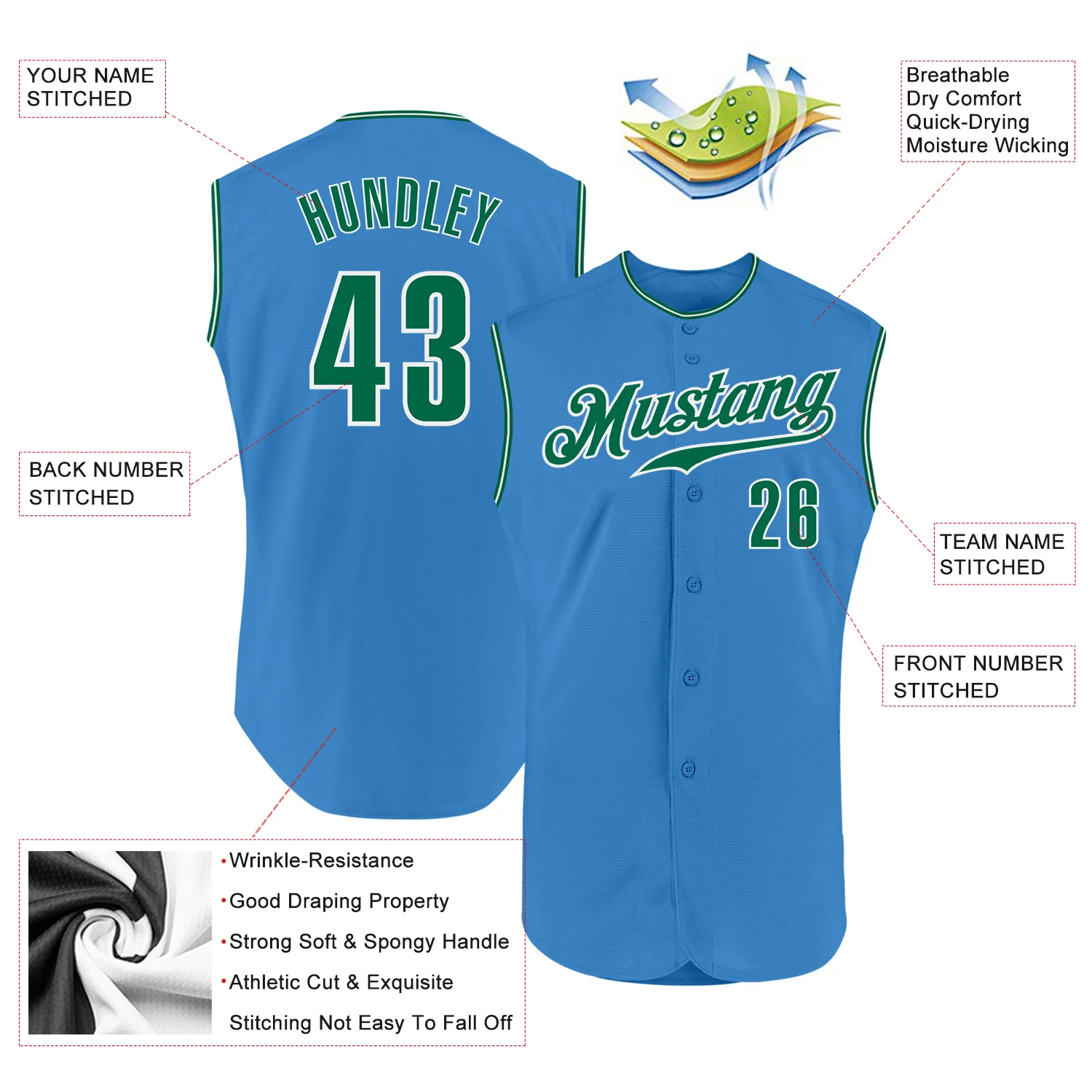 Custom Powder Blue Kelly Green-White Authentic Sleeveless Baseball Jersey