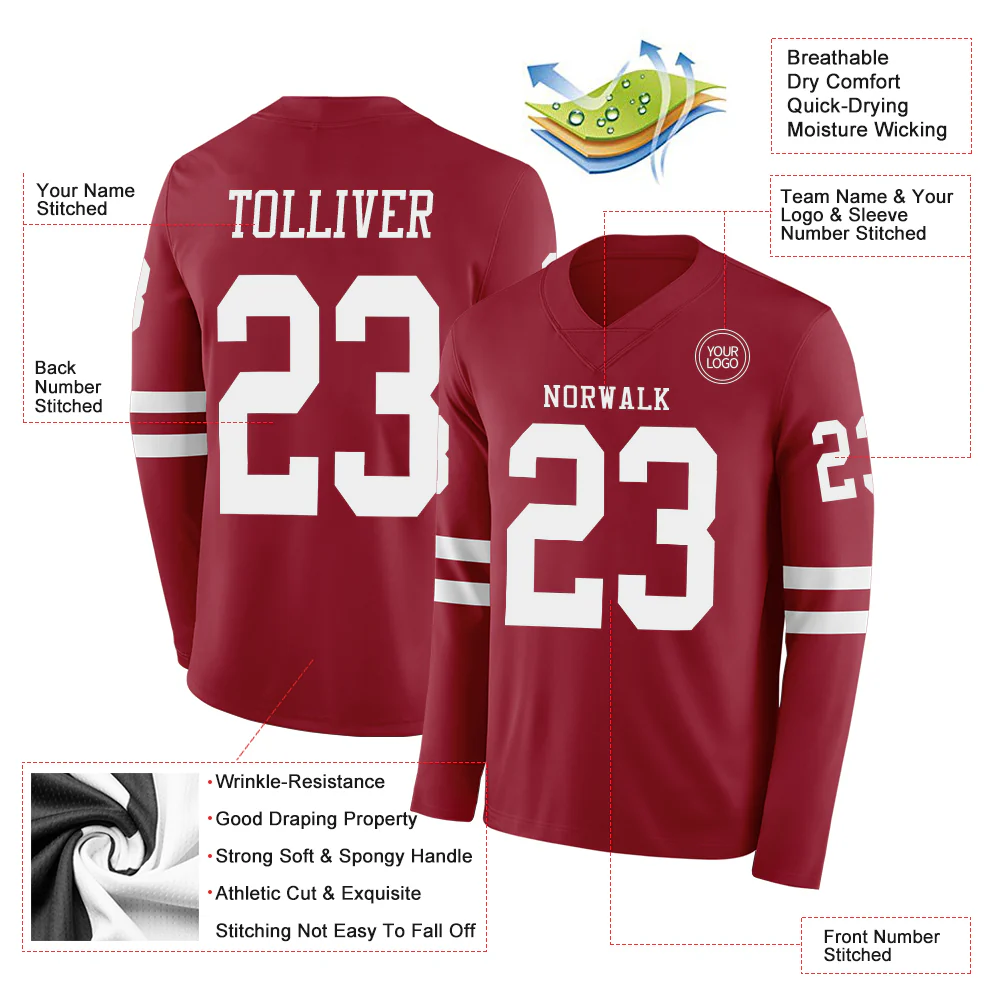 Custom Cardinal White Long Sleeve Authentic Football Jersey