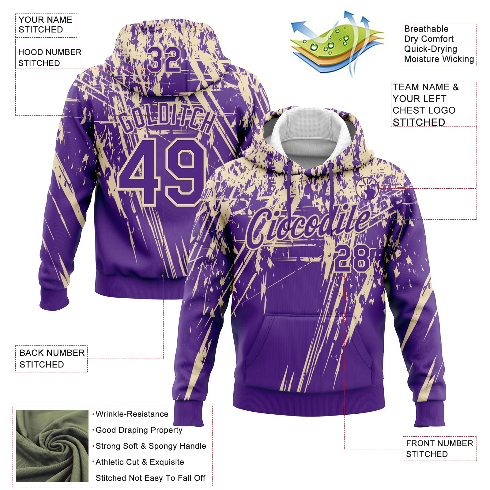 Custom Stitched Purple Cream 3D Pattern Design Splash Grunge Art Sports Pullover Sweatshirt Hoodie