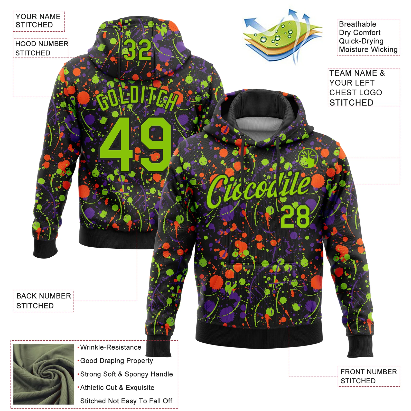 Custom Stitched Graffiti Pattern Neon Green-Black 3D Splash Grunge Art Sports Pullover Sweatshirt Hoodie