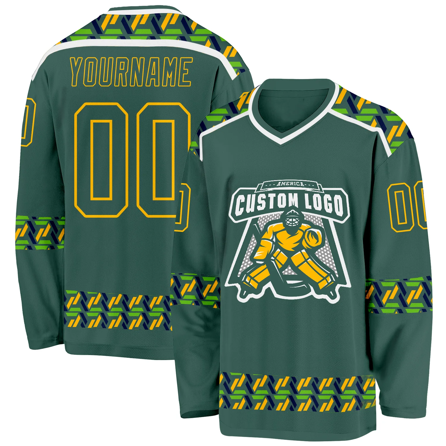 Custom Green Gold-White 3D Pattern Plaid Hockey Jersey