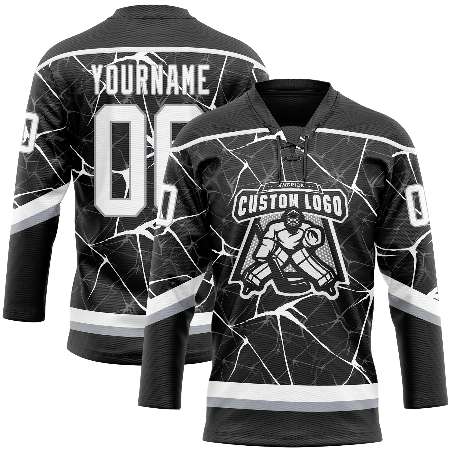 Custom Black White-Gray 3D Pattern Abstract Network Hockey Lace Neck Jersey