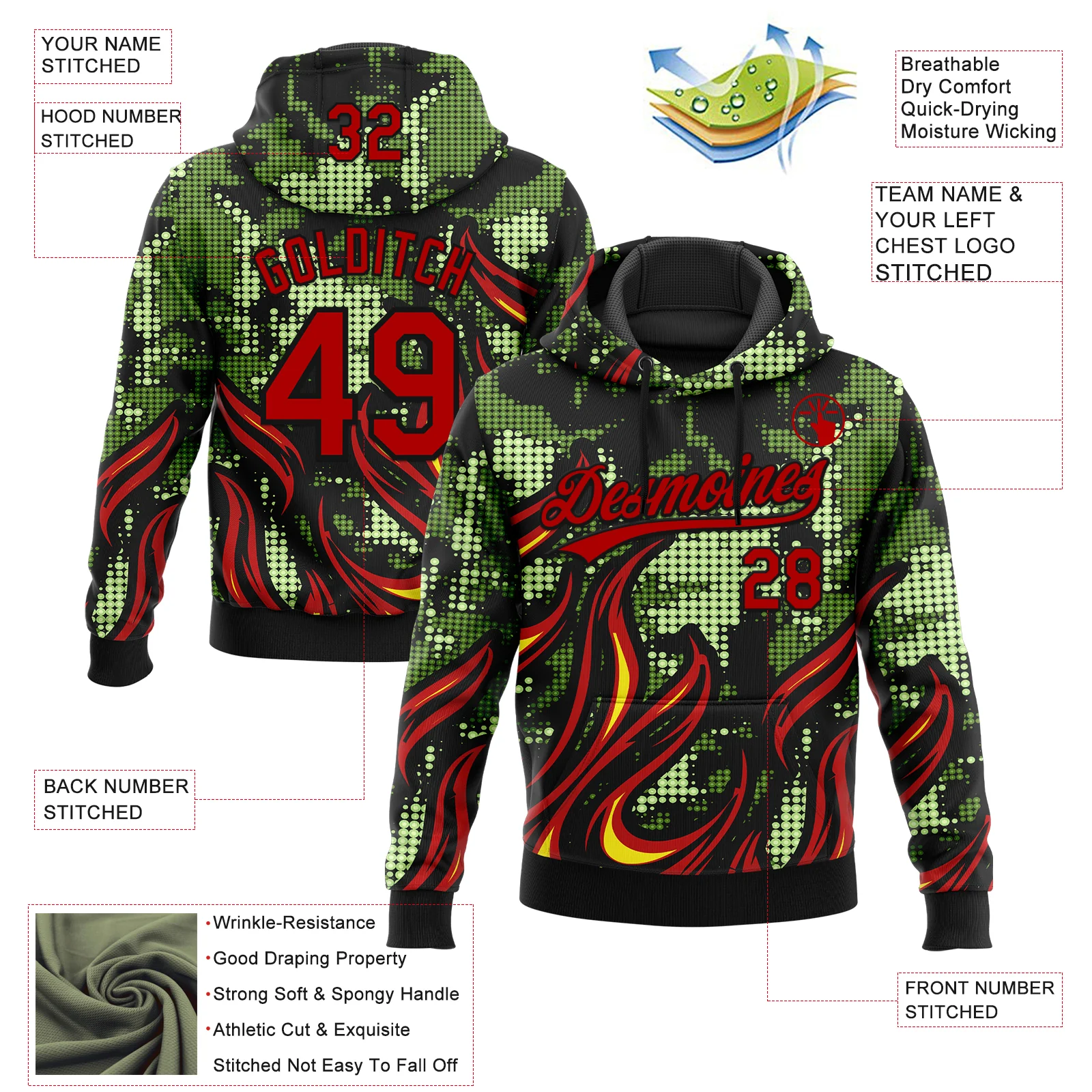 Custom Stitched Black Red Green-Yellow 3D Pattern Design Flame Sports Pullover Sweatshirt Hoodie