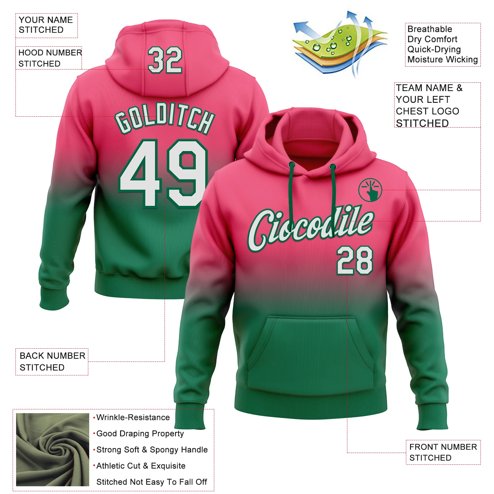 Custom Stitched Neon Pink White-Kelly Green Fade Fashion Sports Pullover Sweatshirt Hoodie