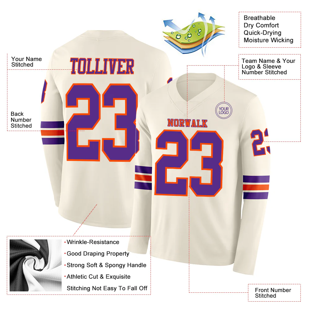 Custom Cream Purple-Orange Long Sleeve Authentic Football Jersey