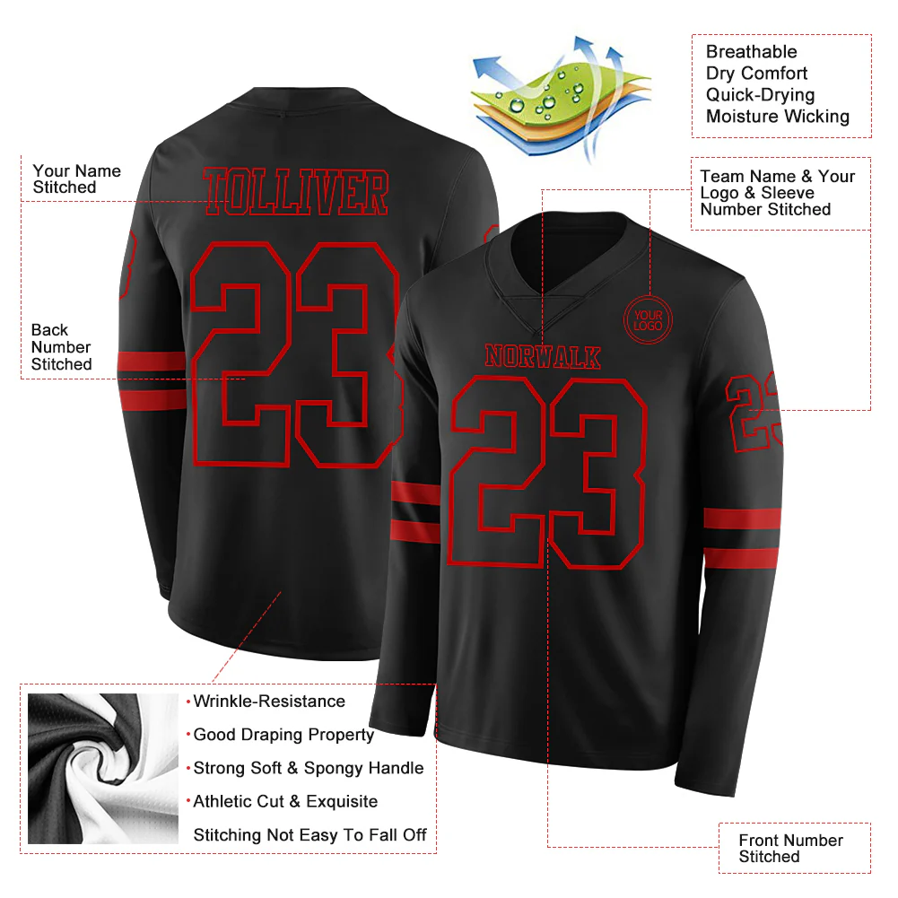 Custom Black Red Long Sleeve Authentic Football Jersey
