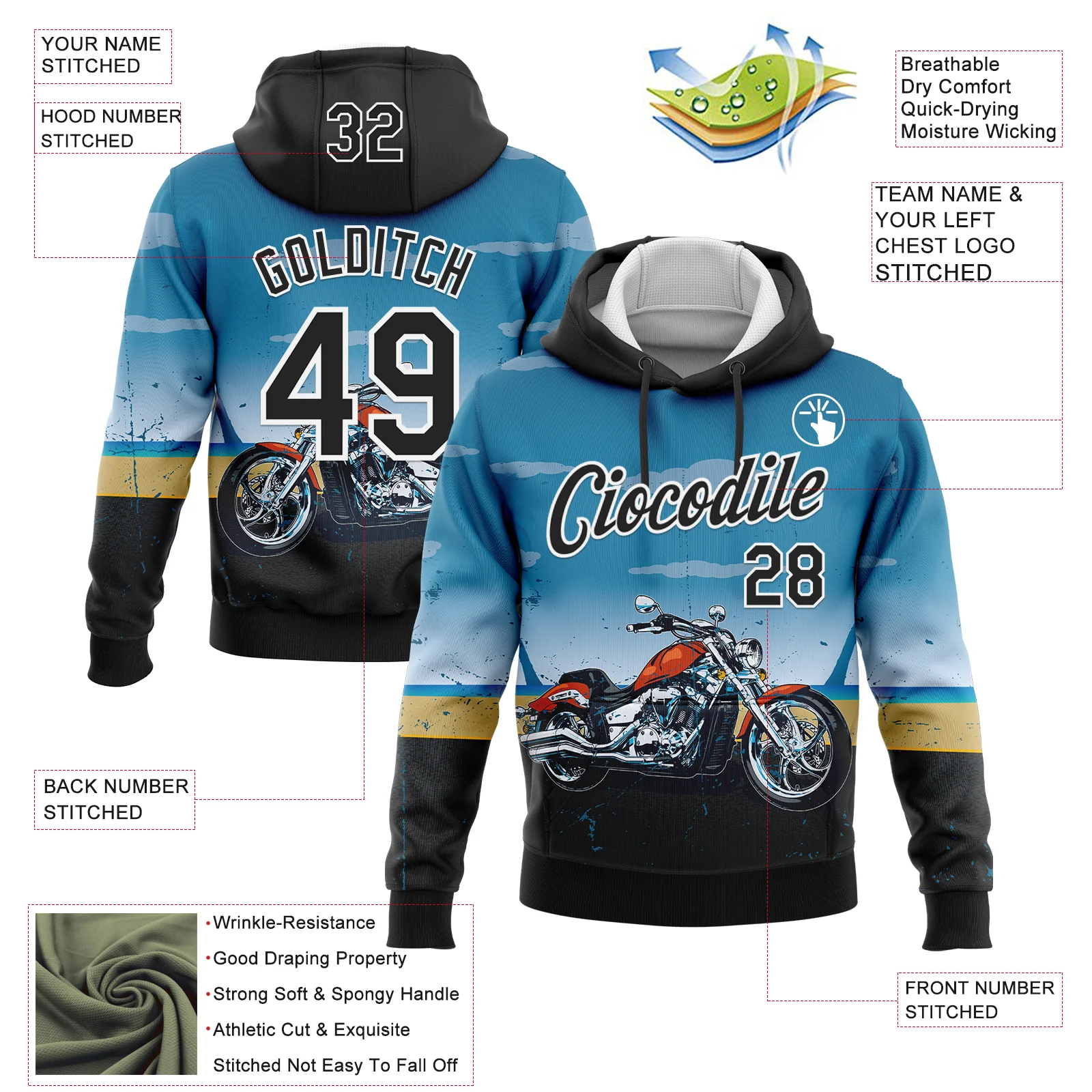 Custom Stitched Blue Black-White 3D Pattern Design Motorcycle Motocross Racing Sports Pullover Sweatshirt Hoodie