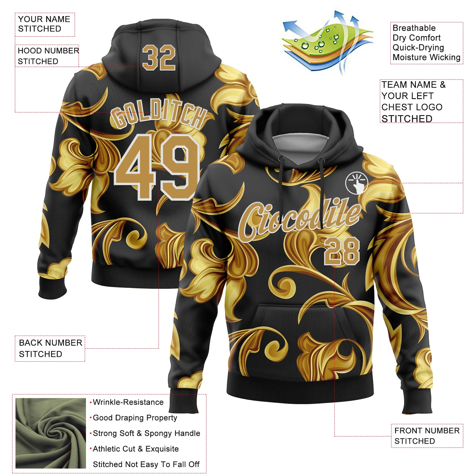 Custom Stitched Black Old Gold-White 3D Pattern Design Golden Subtle Floral Sports Pullover Sweatshirt Hoodie
