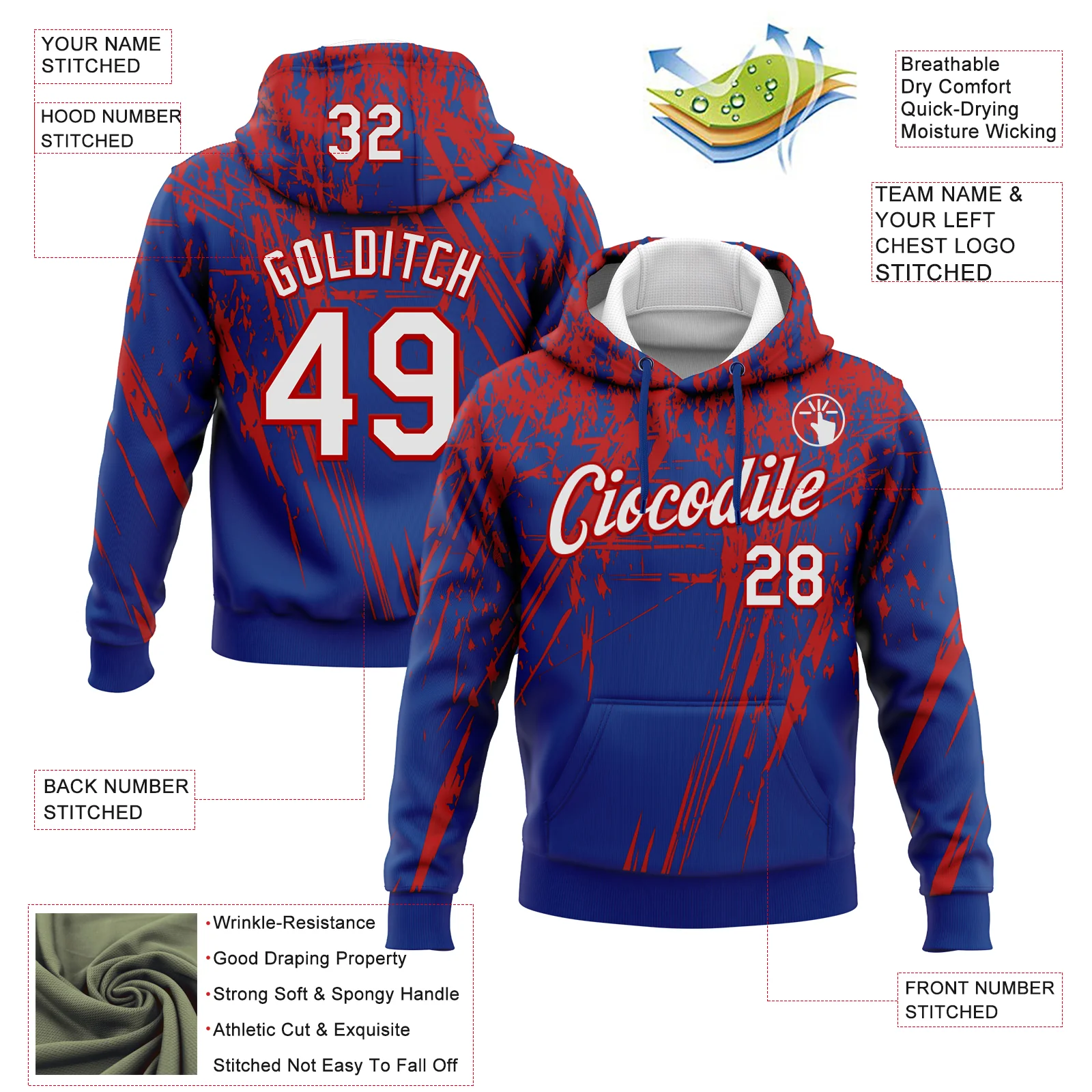 Custom Stitched Royal White-Red 3D Pattern Design Splash Grunge Art Sports Pullover Sweatshirt Hoodie