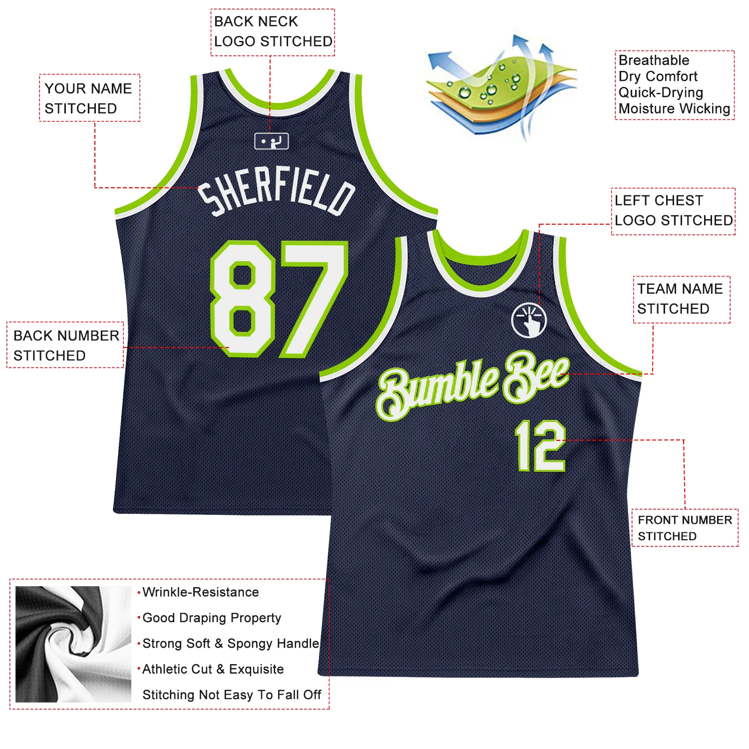 Custom Navy White-Neon Green Authentic Throwback Basketball Jersey
