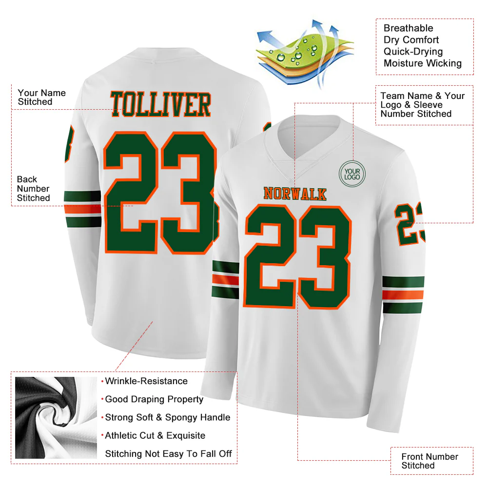 Custom White Green-Orange Long Sleeve Authentic Football Jersey
