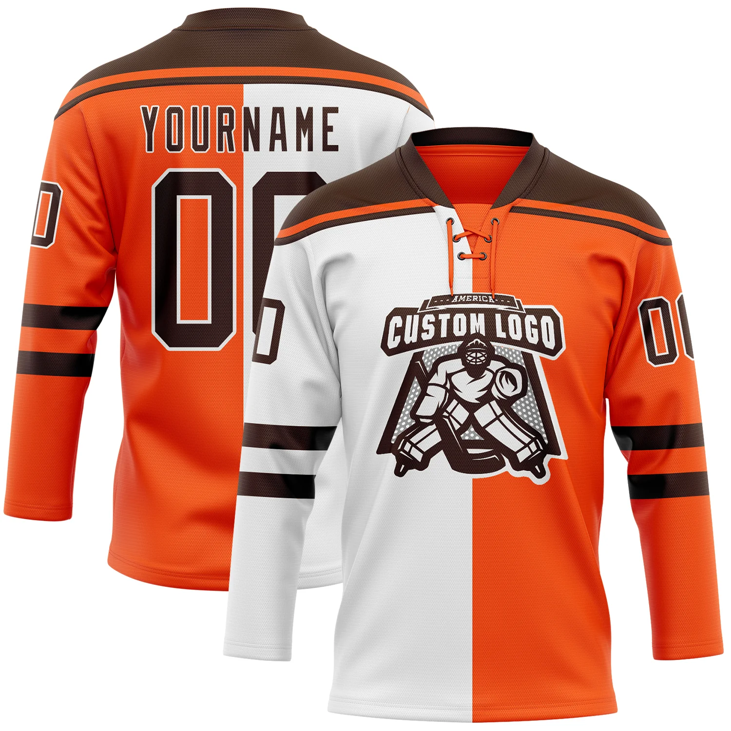 Custom Orange Brown-White Split Fashion Hockey Lace Neck Jersey